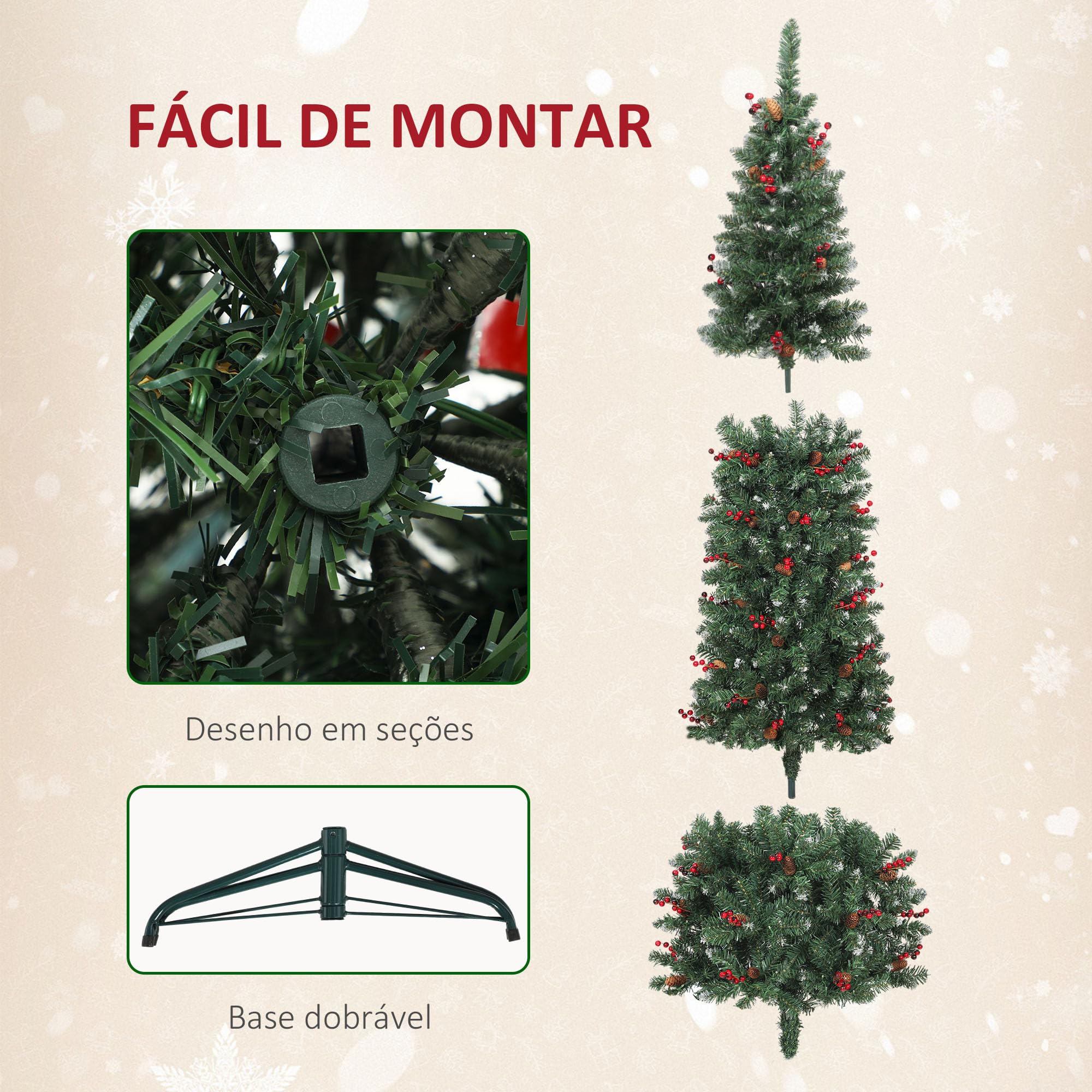 HOMCOM Árbol de Navidad Estrecho 210 cm con Luces LED Verde | Árbol de Navidad, 8 Modos de Iluminación, Ramas con Purpurina Plateada, Piñas, Bayas, Soporte Metálico