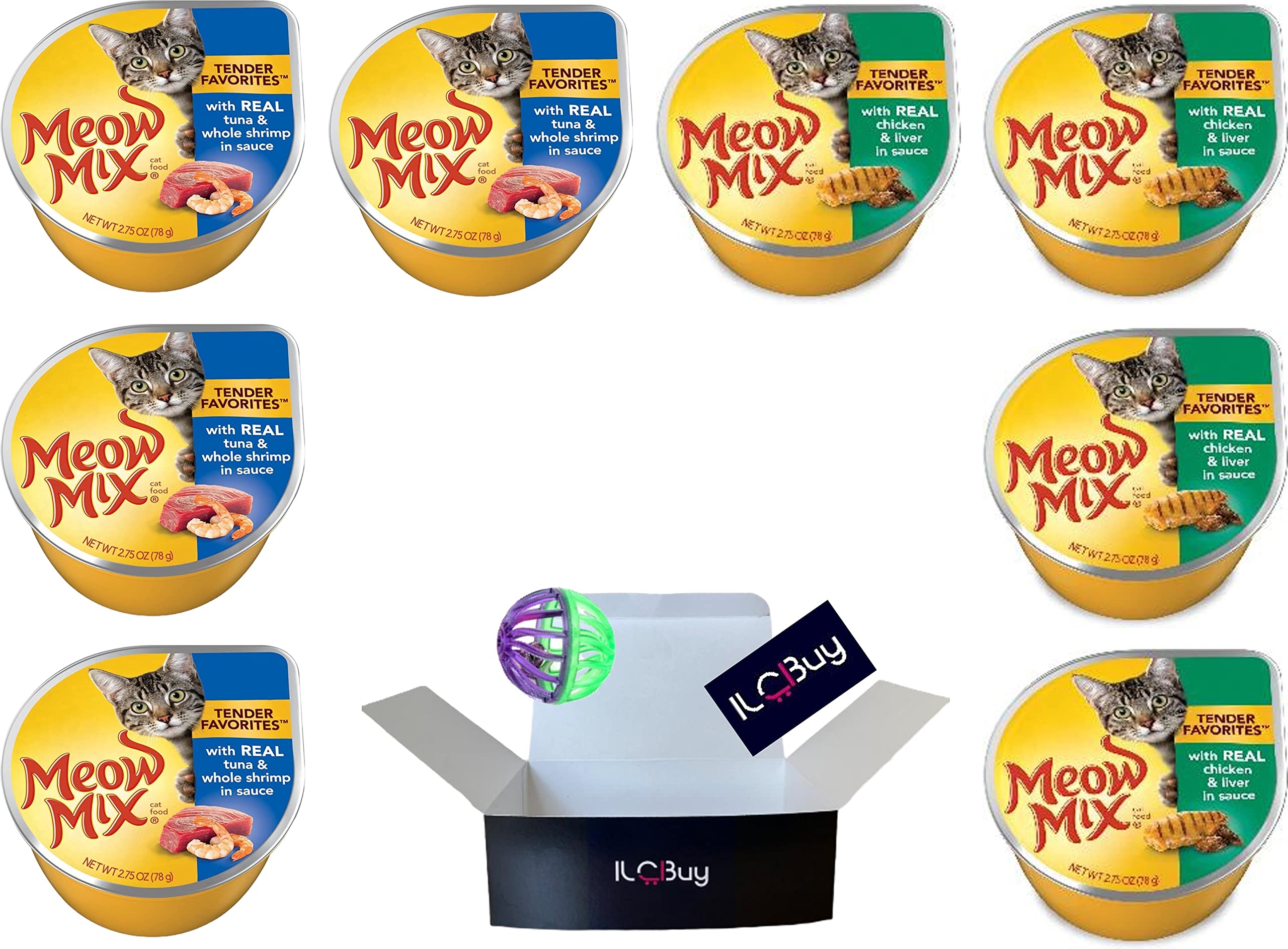 Photo 1 of *2/5/2024* Meow Mix Wet Cat Food Variety Bundle with 02 Flavors, 4 Cup Each Flavor(2.75OZ), Real Tuna & Whole Shrimp in Sauce and Real Chicken&Liver in Sauce. Plus Magnet. Total Pack of 08 Cups.