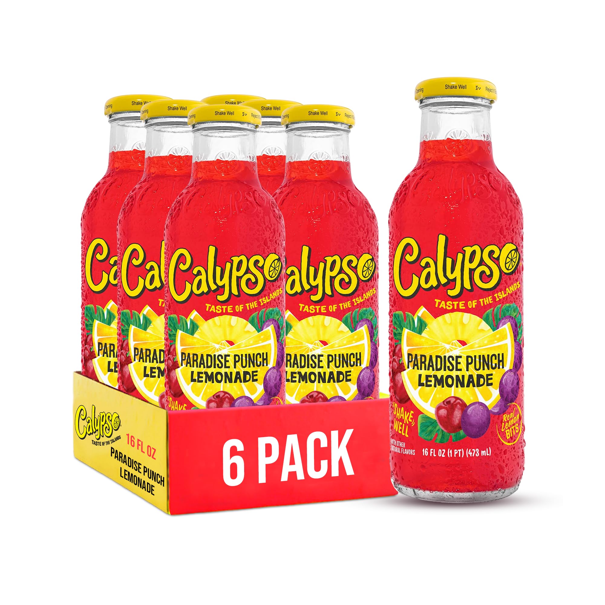 Calypso Lemonade, Paradise Punch Lemonade, Made with Real Fruit, 16 Fl Oz Glass Bottles (Pack of 6)