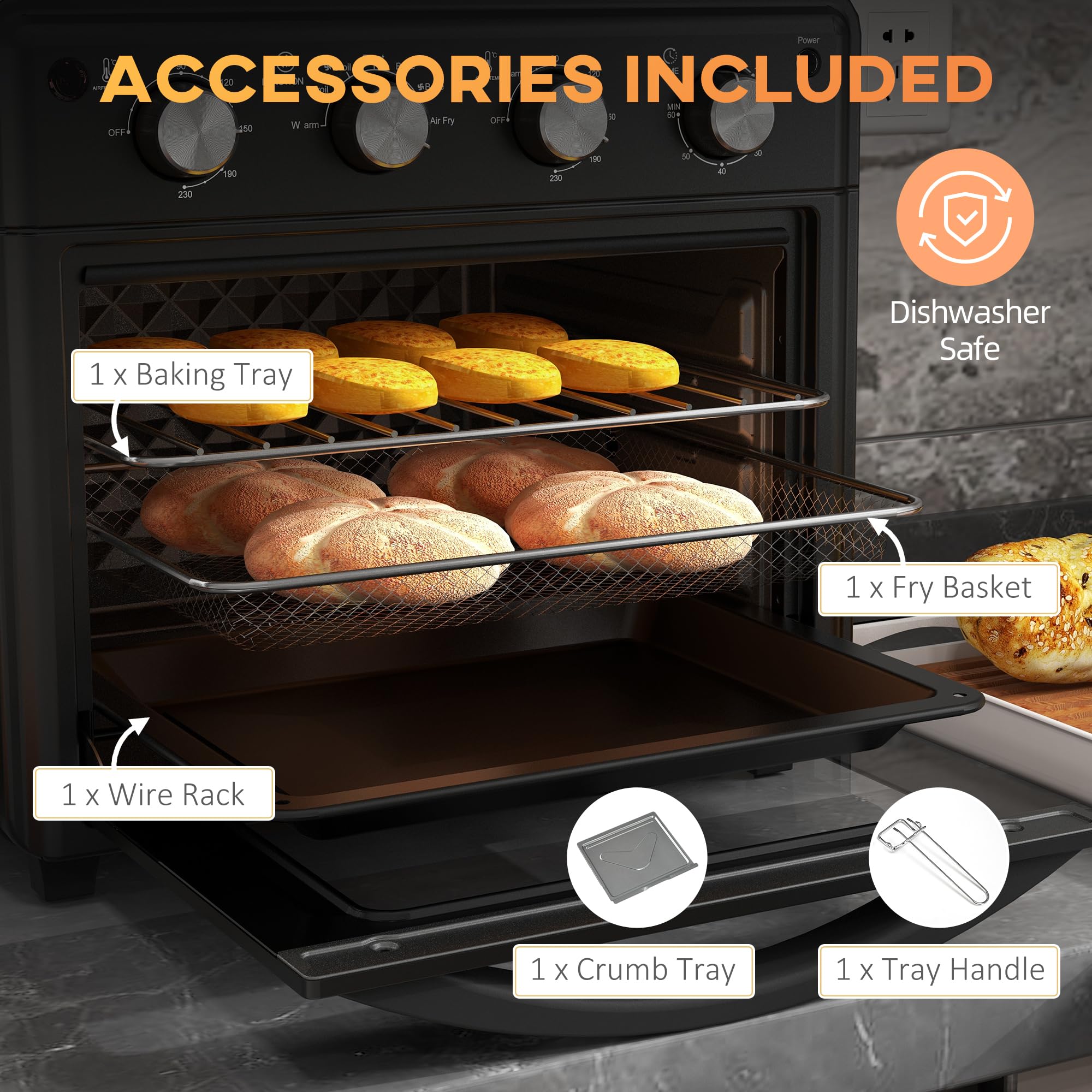 HOMCOM Mini Backofen mit Umluft 30 L 1600W 90-230℃ 60 Min. Timer inkl. Innenbeleuchtung, Krümelblech, Warmhalteplatten, Backblech, Grillrost, Frittierkorb, Minibackofen Pizza-Ofen, Schwarz