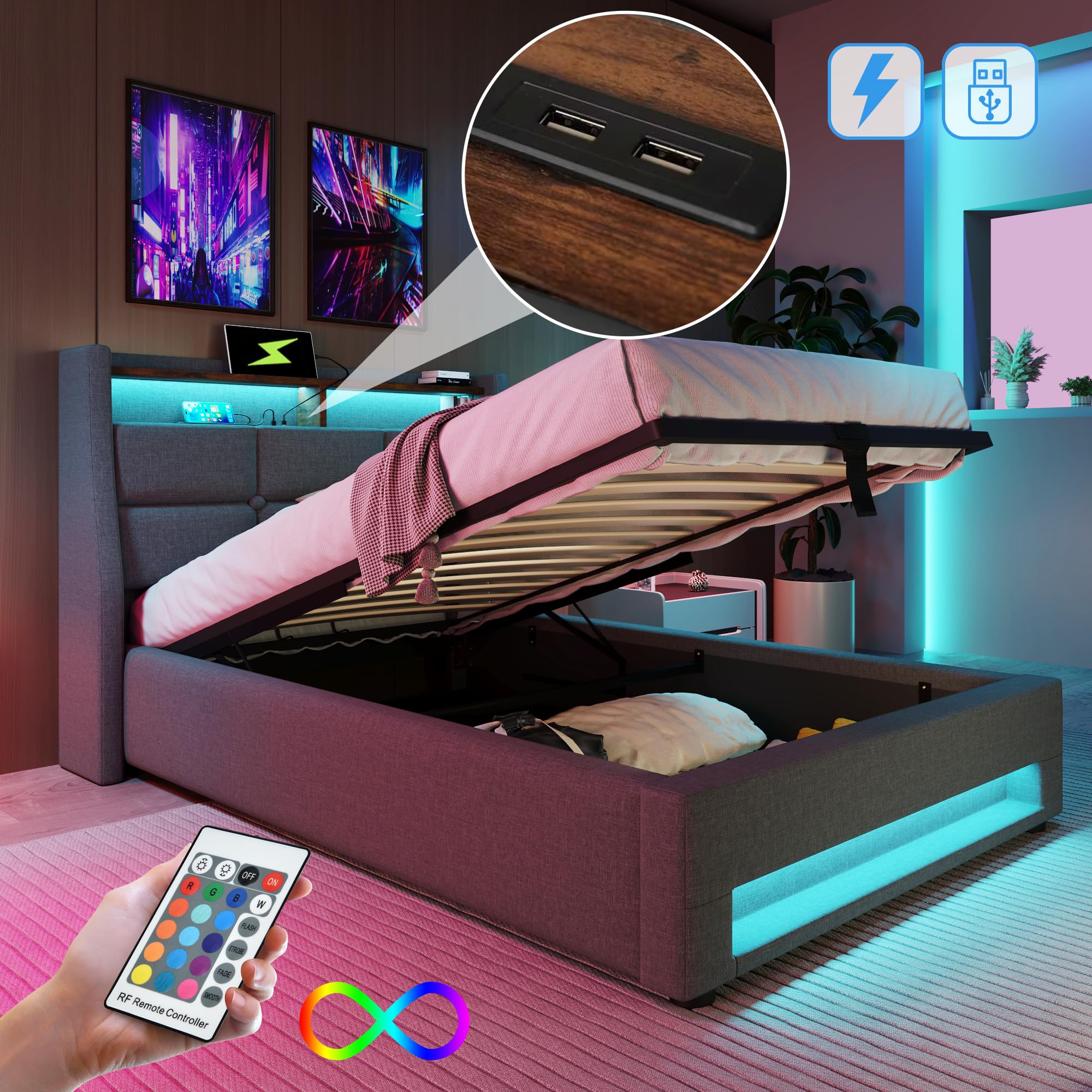 Letto Imbottito Singolo Letto 90x200 cm con Illuminazione a LED e Porta USB, Letto per Bambini con Idraulico Contenitore, Struttura Letti Singoli per Ragazzi, Grigio, Lino, Senza Materasso