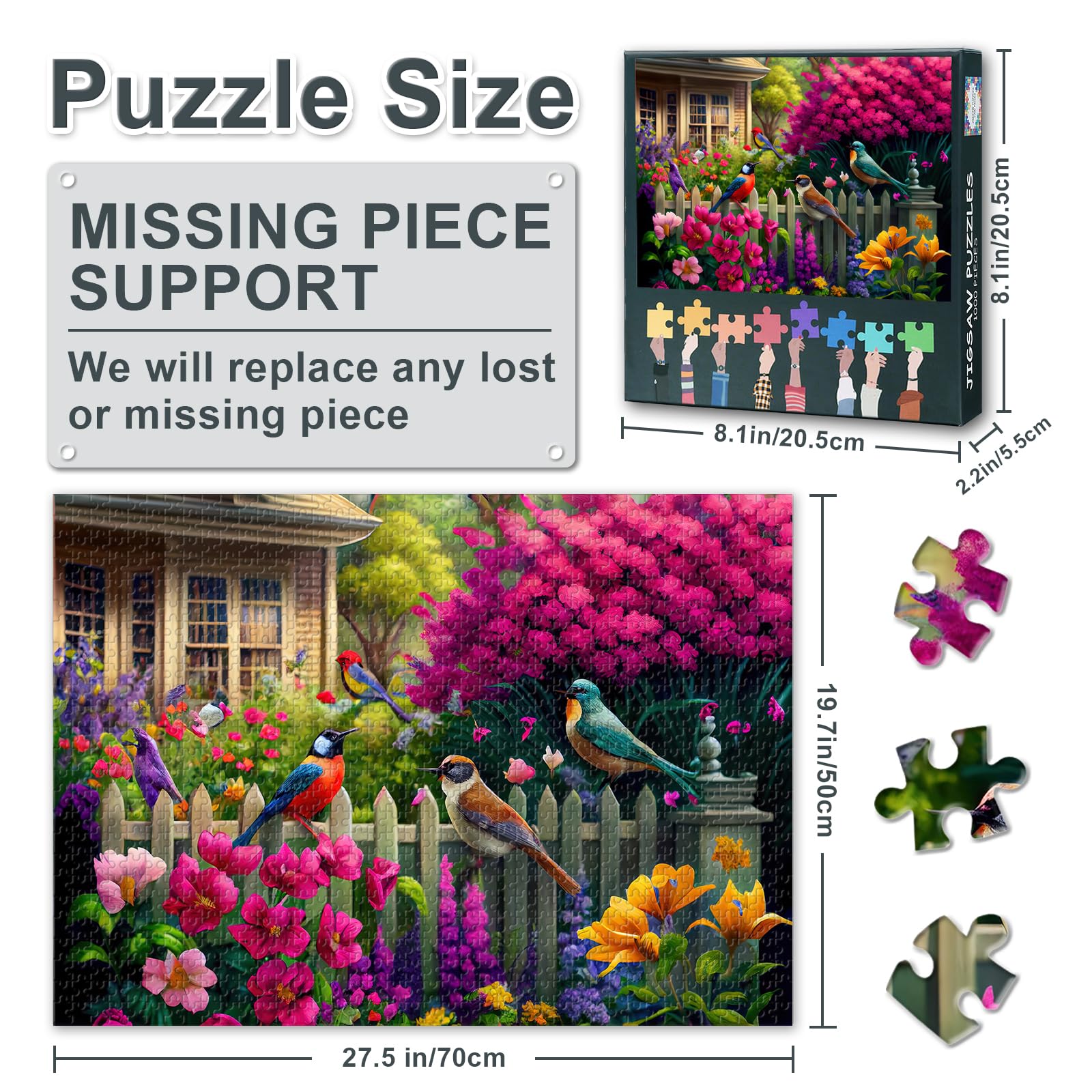 Birds Collage Games -1000 Piece Jigsaw Puzzle for Adults, Birds and Flowers in a Garden with a Fence - Image 3
