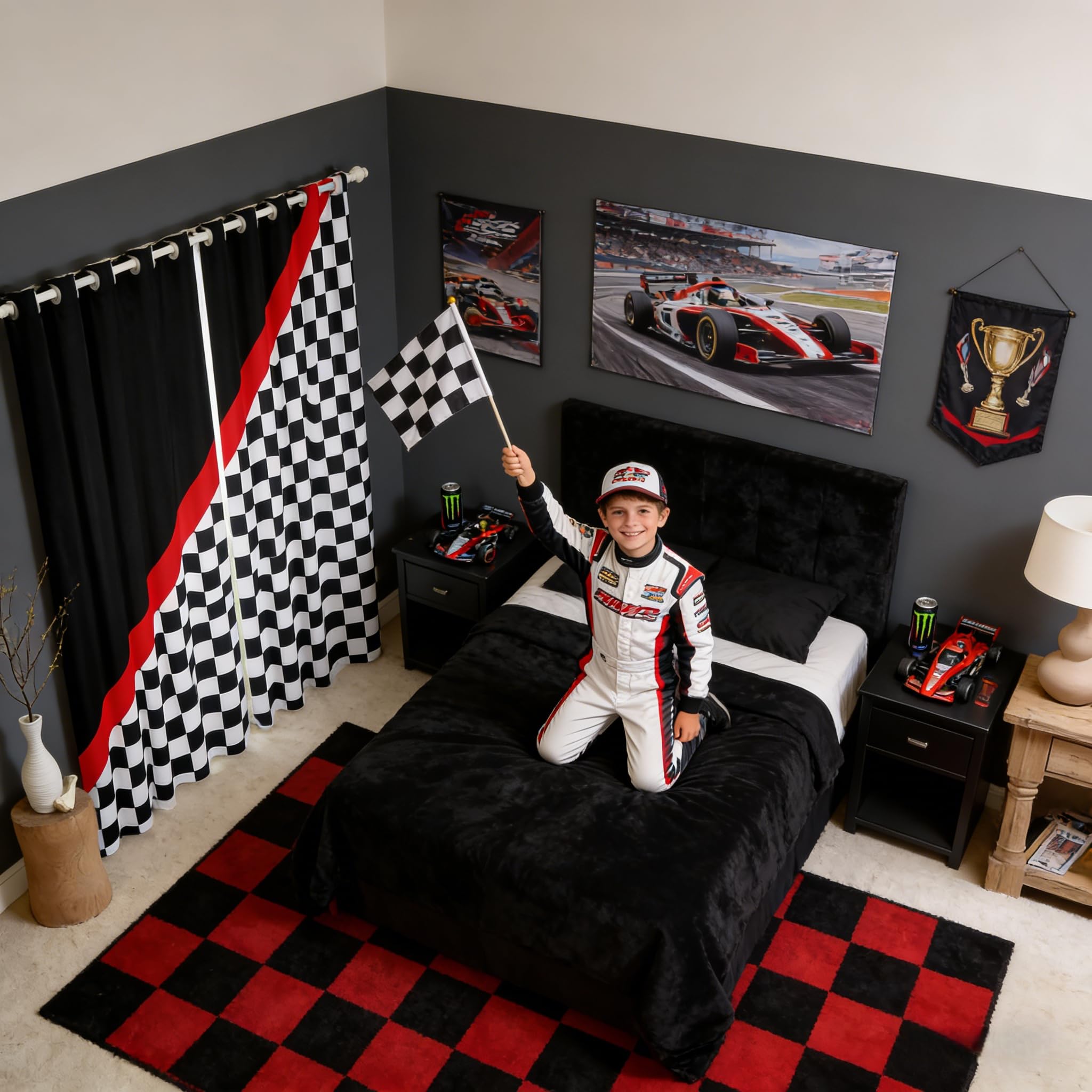 feelingyou Race Car Curtains for Windows,Black White Checkered Grid Curtains for Living Room,Racing Themed Red Stripes Geometric Blackout Drapes 2 Panel Sets,66x72L — image 1