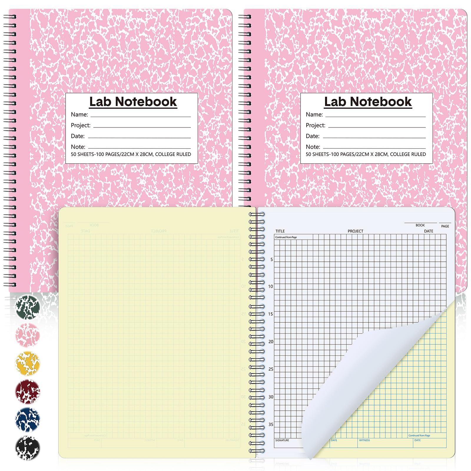 Affrolling Labor-Notizbuch, 2 Stück, kohlenstofffrei, 21,6 x 27,9 cm, 50 Sätze von Seiten, 100 Seiten, insgesamt Labor, Technik, Chemie, Berechnung, Notizbuch, Wissenschaftsraster, Spulenbindung (Rosa