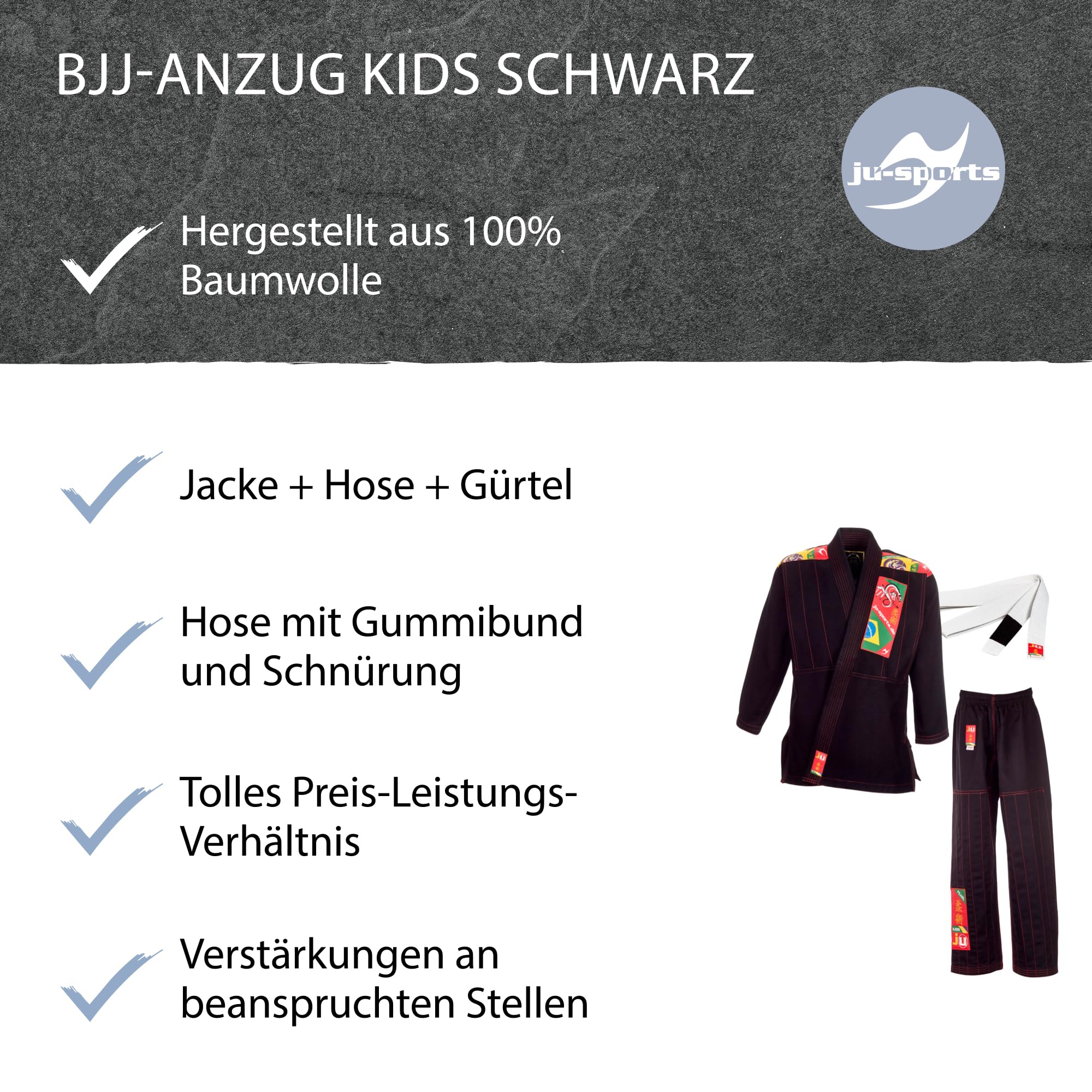 Ju-Sports BJJ Gi Kids schwarz - Leichter, schlanker Brazilian Jujutsu Anzug speziell für Kinder, BJJ Gi im bunten Design inkl. weißem Gurt, 100% Baumwolle
