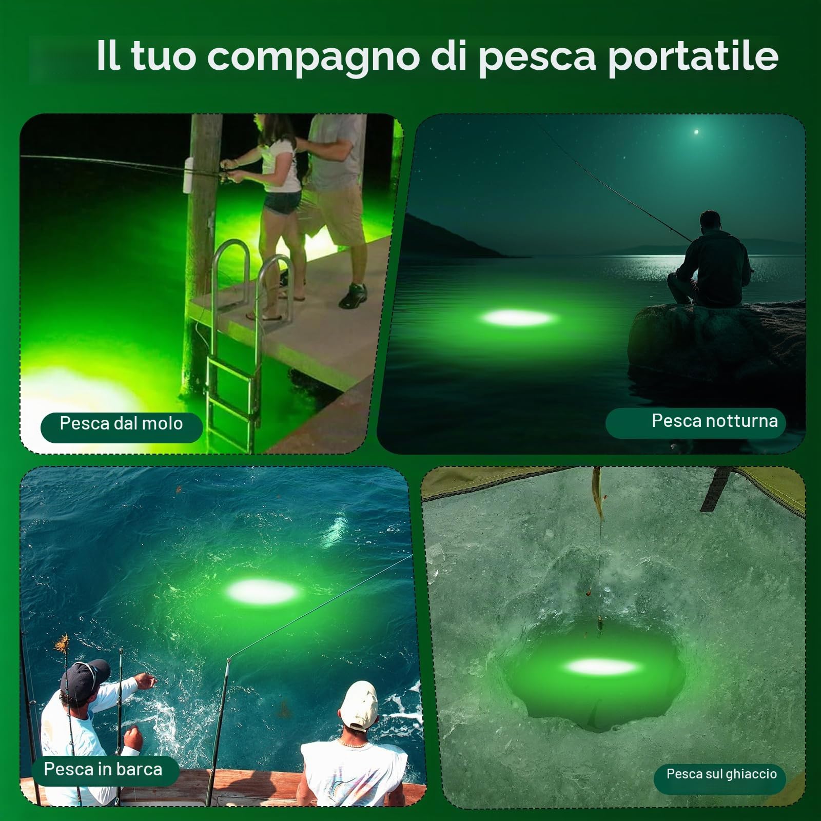 Luce da Pesca Subacquea a Batteria, Luce LED Verde Ricaricabile per Attirare i Pesci, Capacità 9000mAh, Luci da Pesca Sommergibili IP68 Impermeabili per Acqua Dolce e Salata