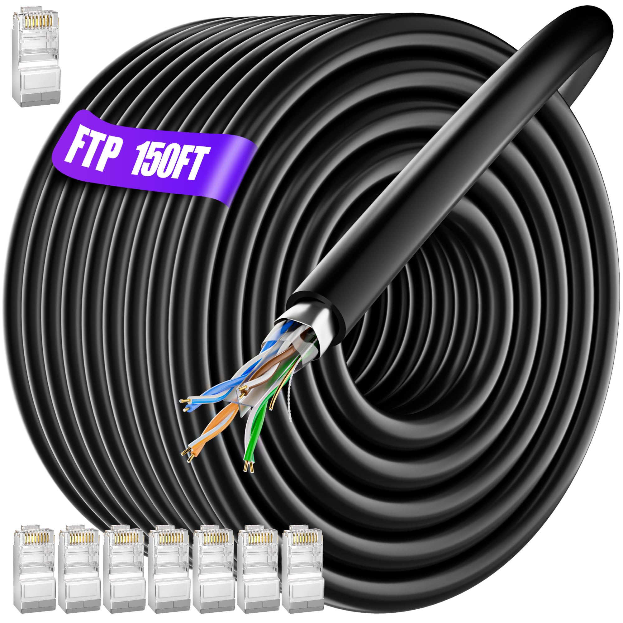 MEIPEK Cat 6 Outdoor Ethernet Cable 150ft (8 RJ45), Cat 6 Shielded Ethernet Cable Bulk, Heavy Duty 23 AWG, Direct Burial, Waterproof, UV Resistant,