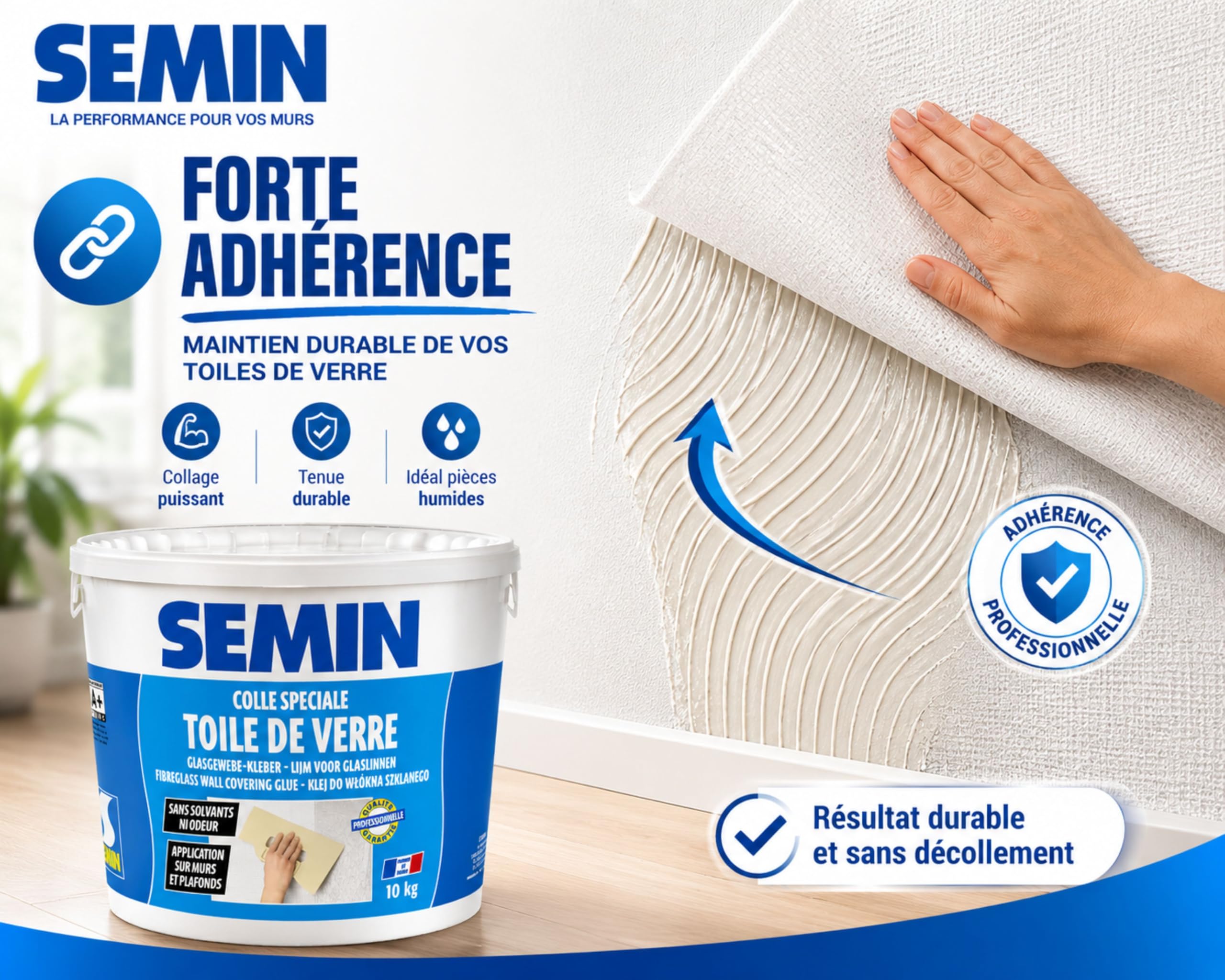 SEMIN Colle Toile de Verre 10 kg – Colle Prête à l’Emploi Sans Solvant et Sans Odeur – Forte Adhérence – Jusqu’à 50 m² – Murs, Plafonds et Pièces Humides – Fabrication Française