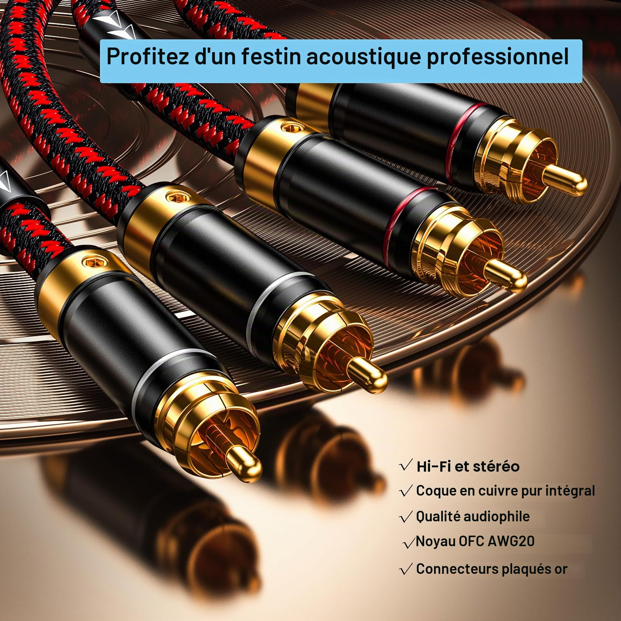 Câble audio stéréo 2RCA mâle vers 2RCA mâle plaqué or, cuivre sans oxygène 4N, 1 m