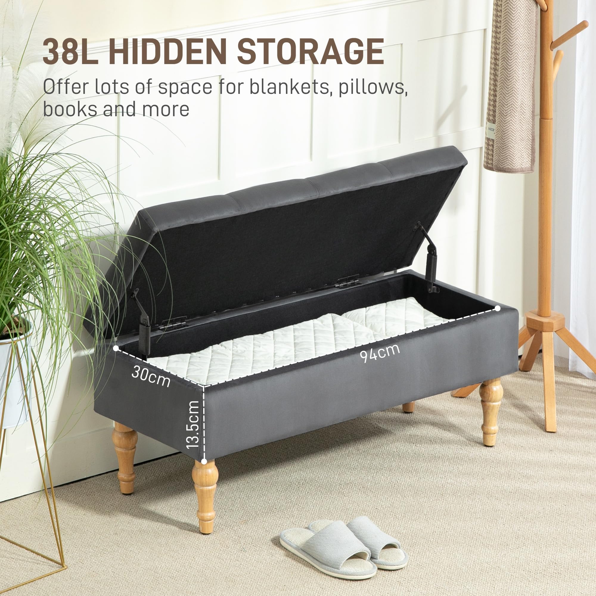 HOMCOM 2-en-1 Banco de Almacenaje de Terciopelo 38L 102x38x41cm Gris | Banquette terciopelo, Banco almacenaje, Estilo medieval, Tapa acolchada con bisagras, Patas madera, Mueble entrada