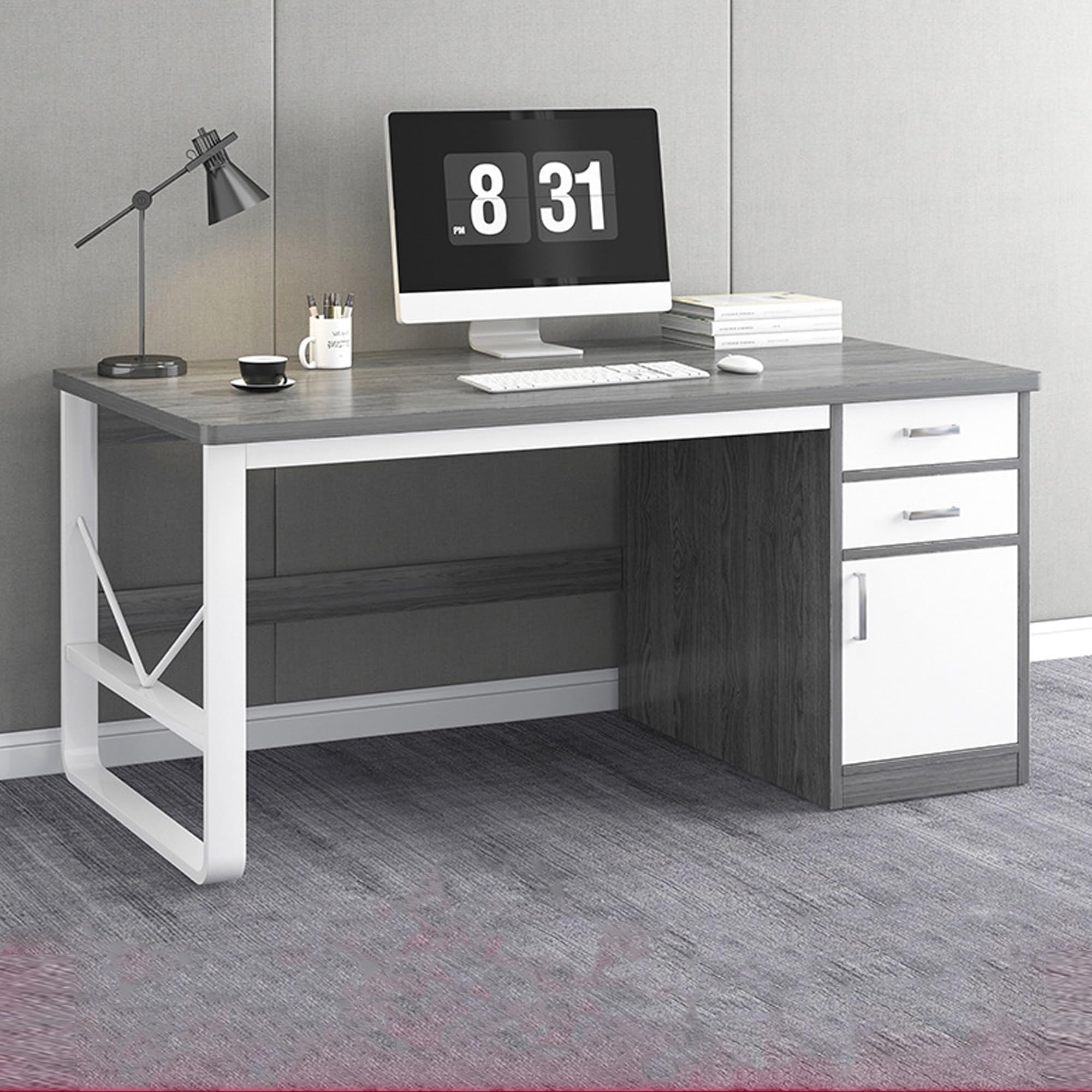 Mescxty Grey Office Computer Desk With Drawers,Large Gaming Desk With Ample Storage,Sturdy Writing Table Workstation With U-Shaped Steel Frame(140X60x72cm, Gray)