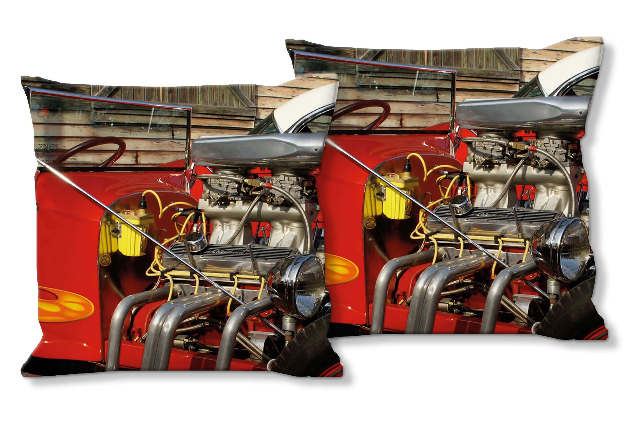 Red Hot Rod - Foto-Kissen-Hülle Set (2 STK.) 40 x 40 cm | Kissen-Bezüge - passend zu Wandbild - Deko-Kissen - Auto Fahrzeug Oldtimer Technik USA