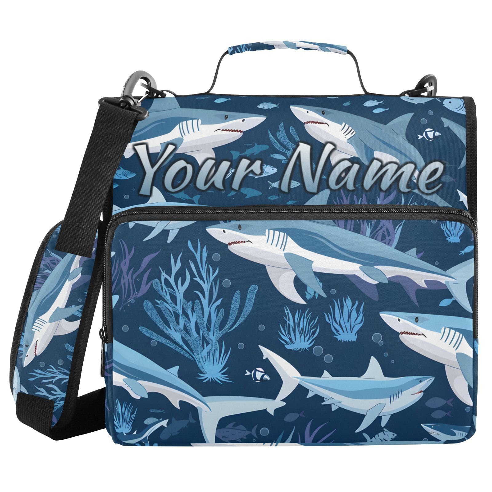 Custom 3 Ring Zipper Binder Sharks Blue Ocean Personalized Name 1.5 Inch Binders Large Capacity Multi Pockets for School Office Supplies