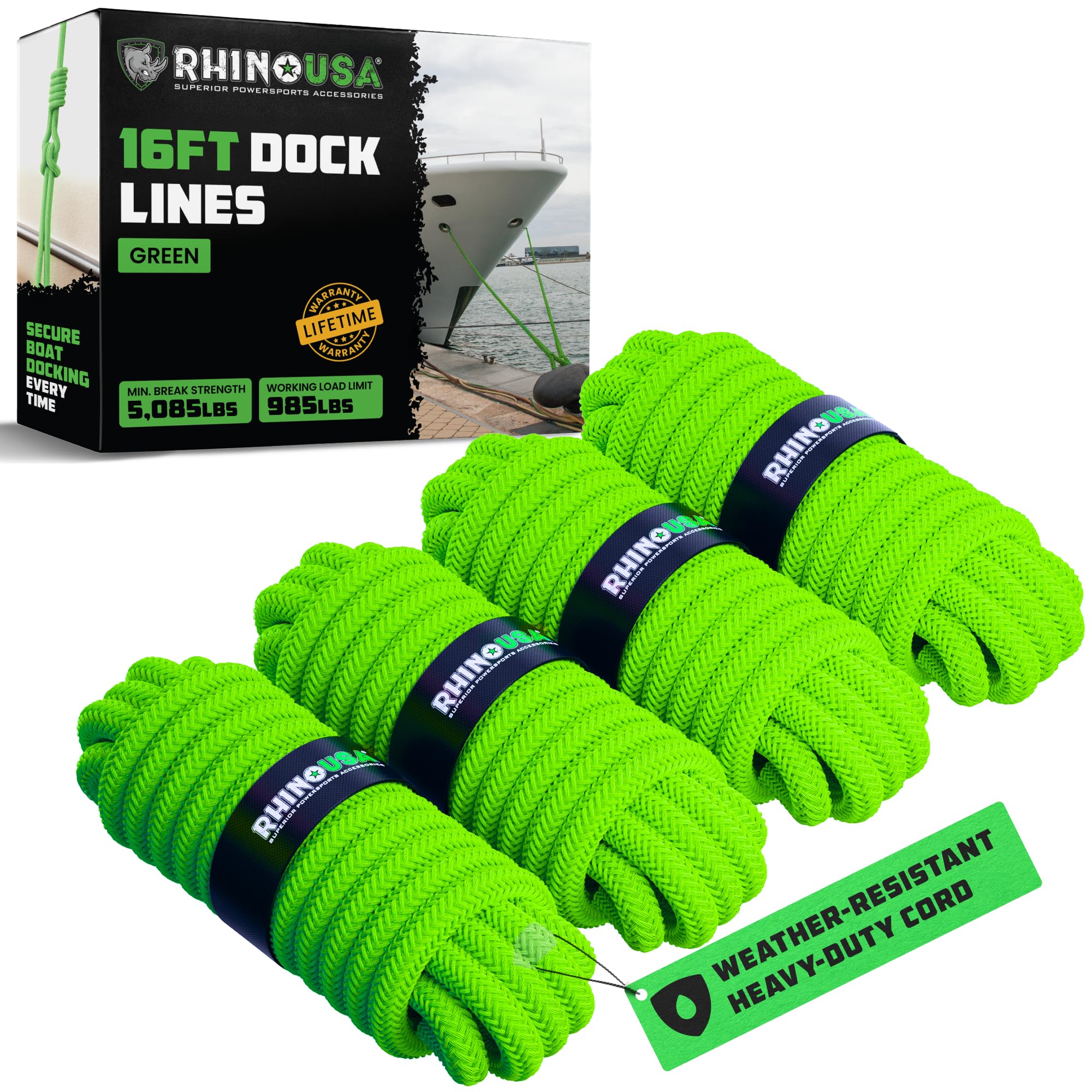 Rhino USA 1/2" x 16' Dock Lines - Docking Rope for Boats, Jet Skis &amp; Kayaks