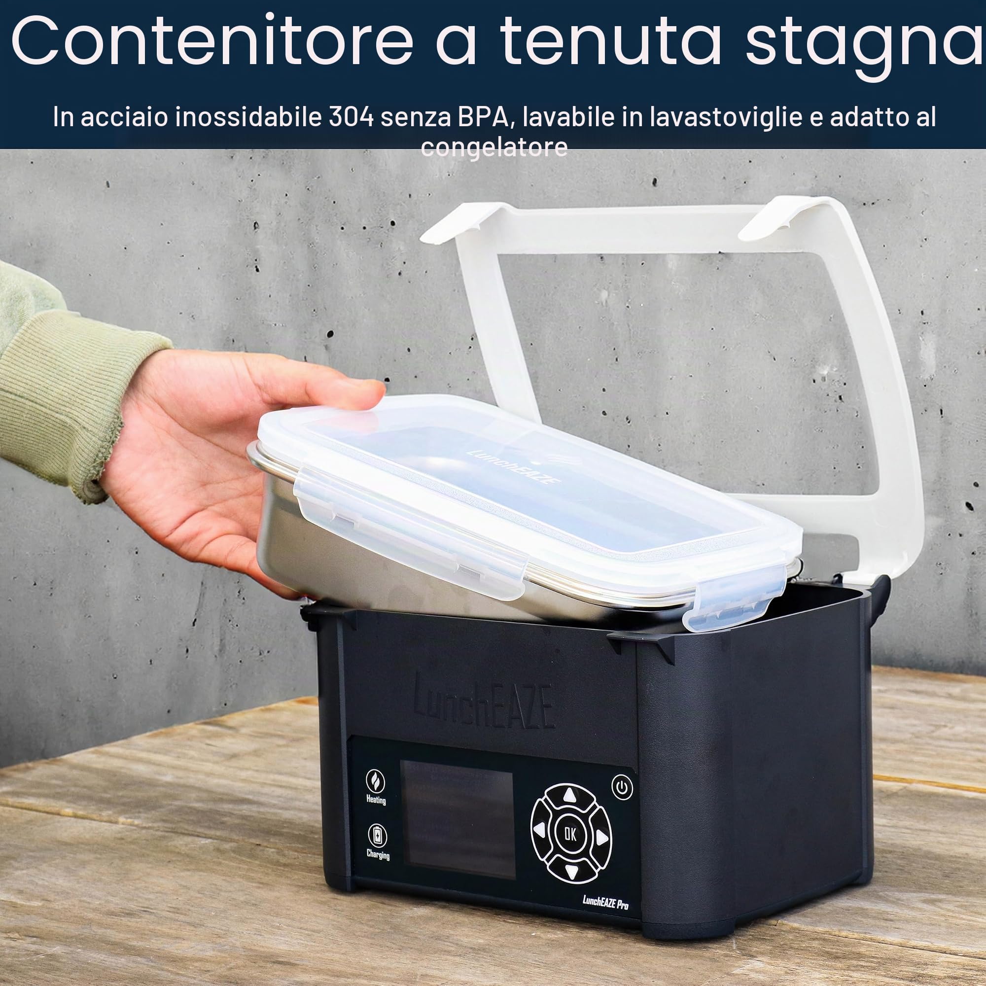 LunchEAZE Pro - Contenitore per il pranzo senza fili, alimentato a batteria, capacità di 4 tazze, max 200 °C, riscaldamento automatico programmato, borsa termica inclusa per pasti caldi ovunque