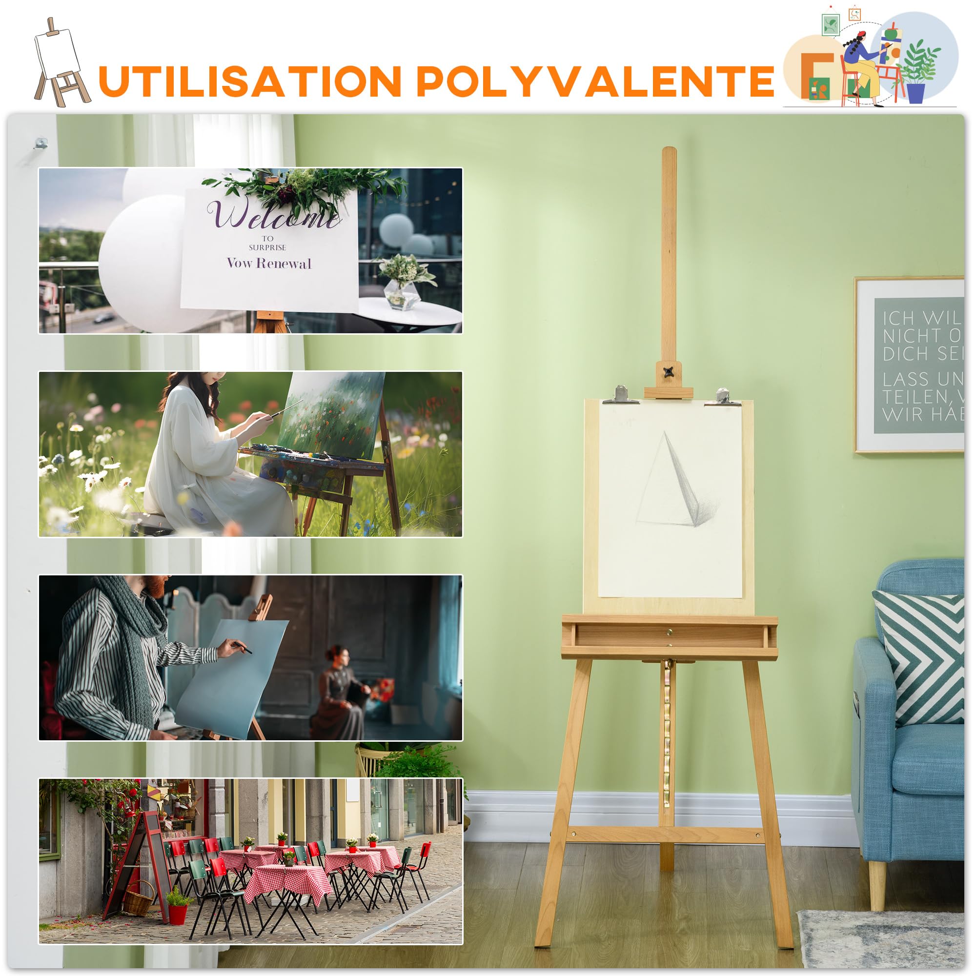 Vinsetto Chevalet de peinture, chevalet d'artiste pliant en bois de hêtre, avec angle et hauteur réglables, 65 x 110 x 180-235 cm, bois naturel