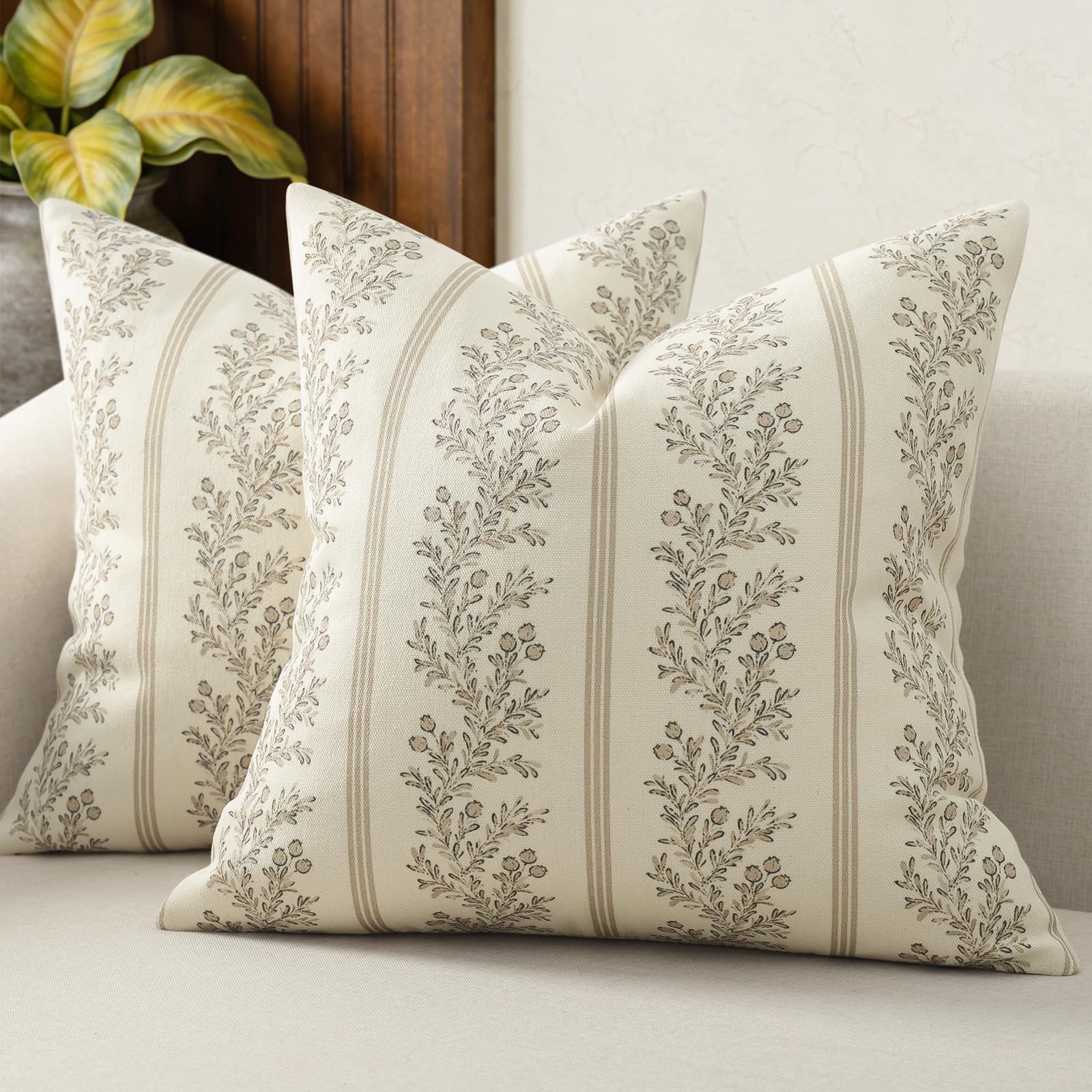 Striped Floral Pillow Covers Set - 18x18