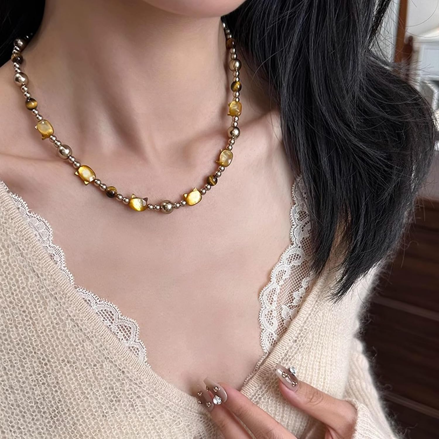 IDOKAWA Cat Shape Agate 6mm Natural Tiger Eye Stone Beaded Strands Necklace for Women