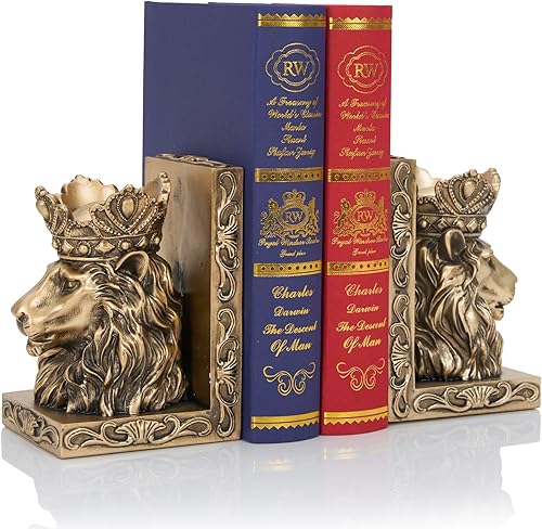 Miniatura 7 de Sujetalibros decorativos de estatua de león (juego de 2) escultura de león corona para regalo de Leo, sujetalibros resistentes, extremos