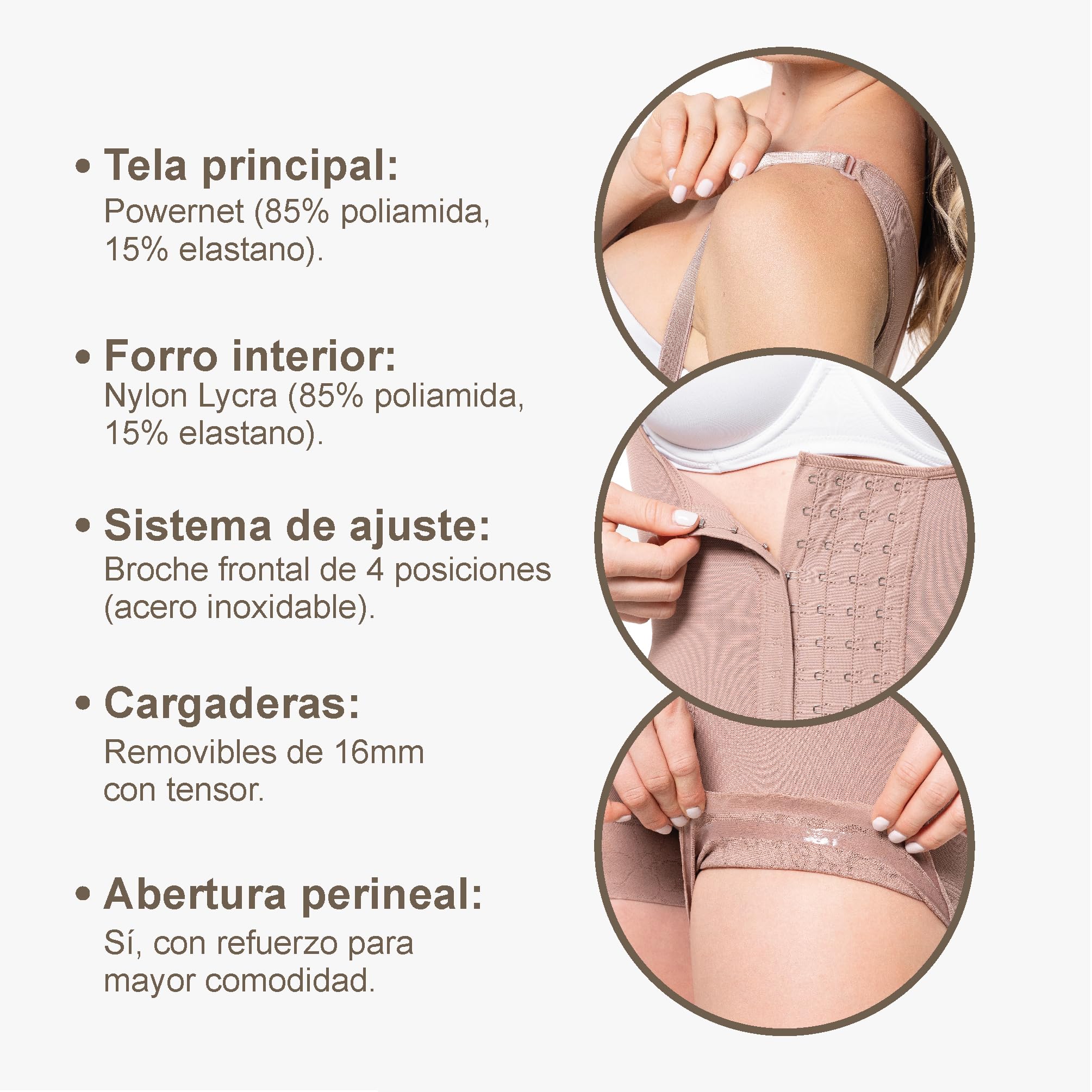 Faja Cachetera Ref AS005 - Compresión Fuerte, Abrochadura 4 Posiciones, Refuerzo Abdominal, Realce de Glúteos, Abertura Perineal y Cargaderas Removibles