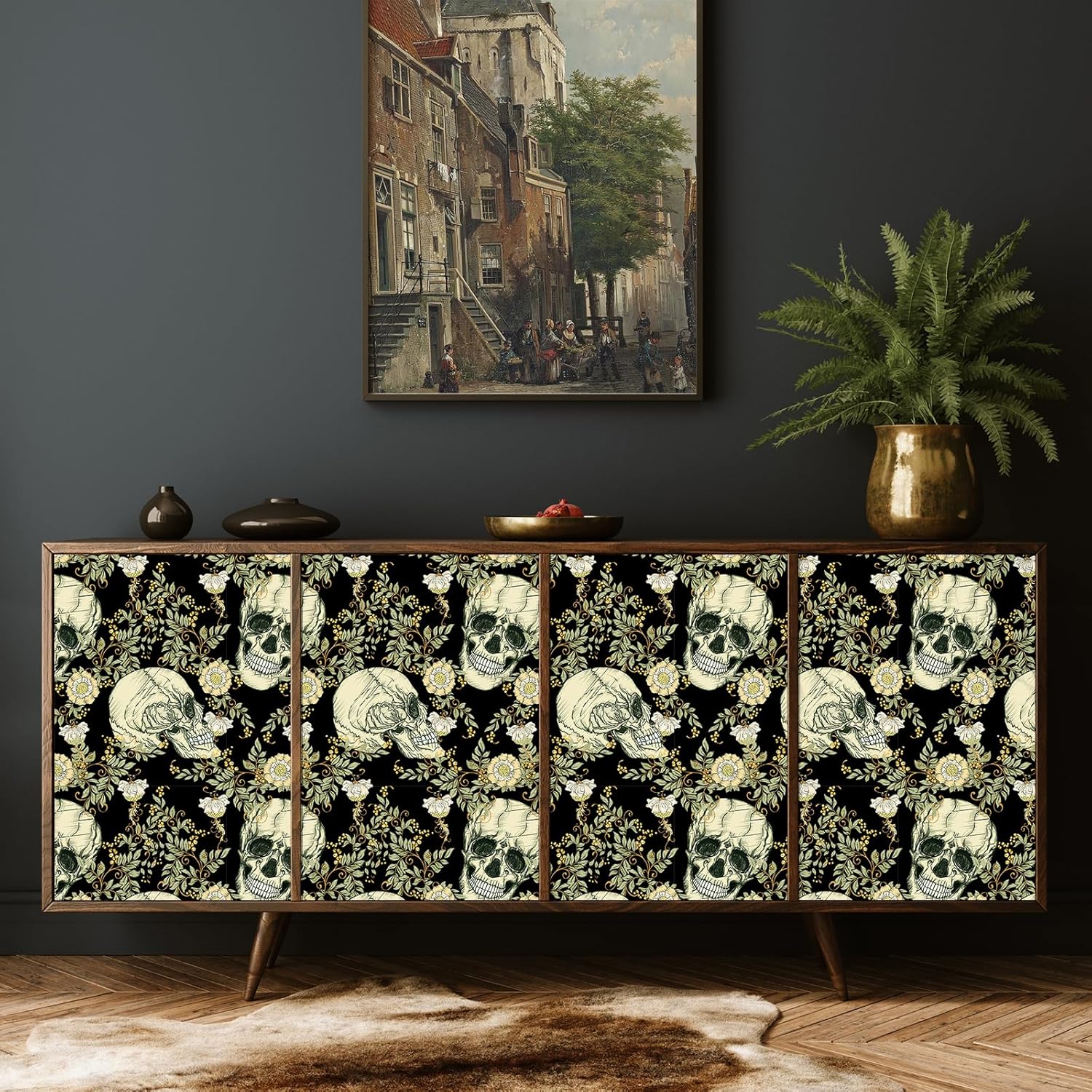 VaryStyle 17.7"x118" Gothic Skull Wallpaper Vintage Black/Cream Goth Floral Peel and Stick Wallpaper for Bedroom Halloween Gothic Contact Paper for Cabinets Removable Self Adhesive Vinyl Wall Mural