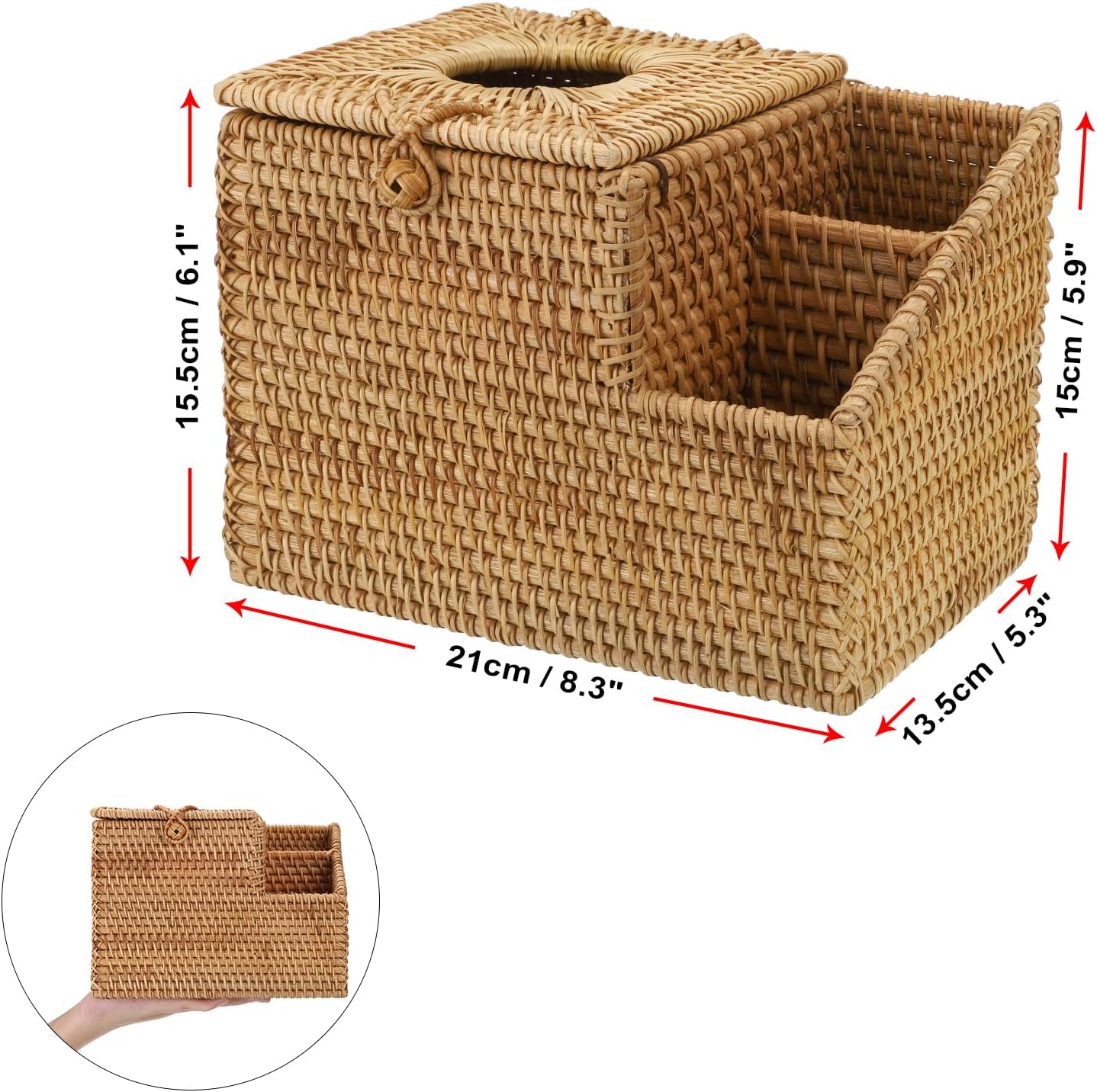 Sumnacon Tissue Box Square Tissue Box Cover with Storage Rattan Tissue Box Holder with 2 Side Organizer,Wicker Tissue Cover Cube Tissue Holder for Bathroom Living Room Table Desk Office