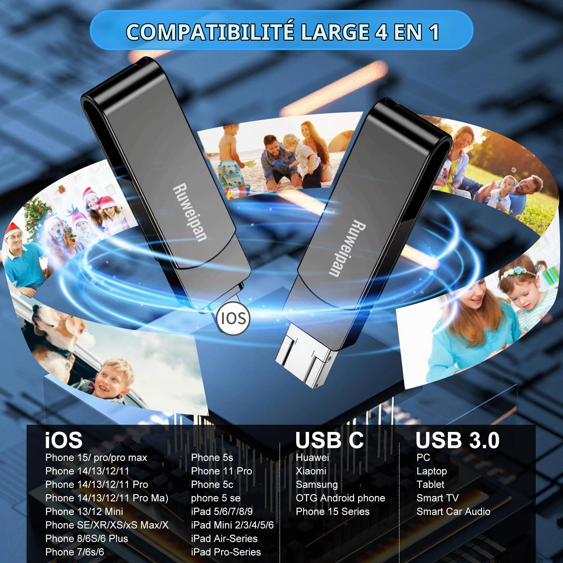 Cle USB pour Phone, (sans App) Ruweipan Clé USB 512 Go, Clef USB 3.0 Transmission Efficace Phone Stockage 4en1Mini Photostick pour iOS/Smartphone/Tablette/PC/Pad(Noir