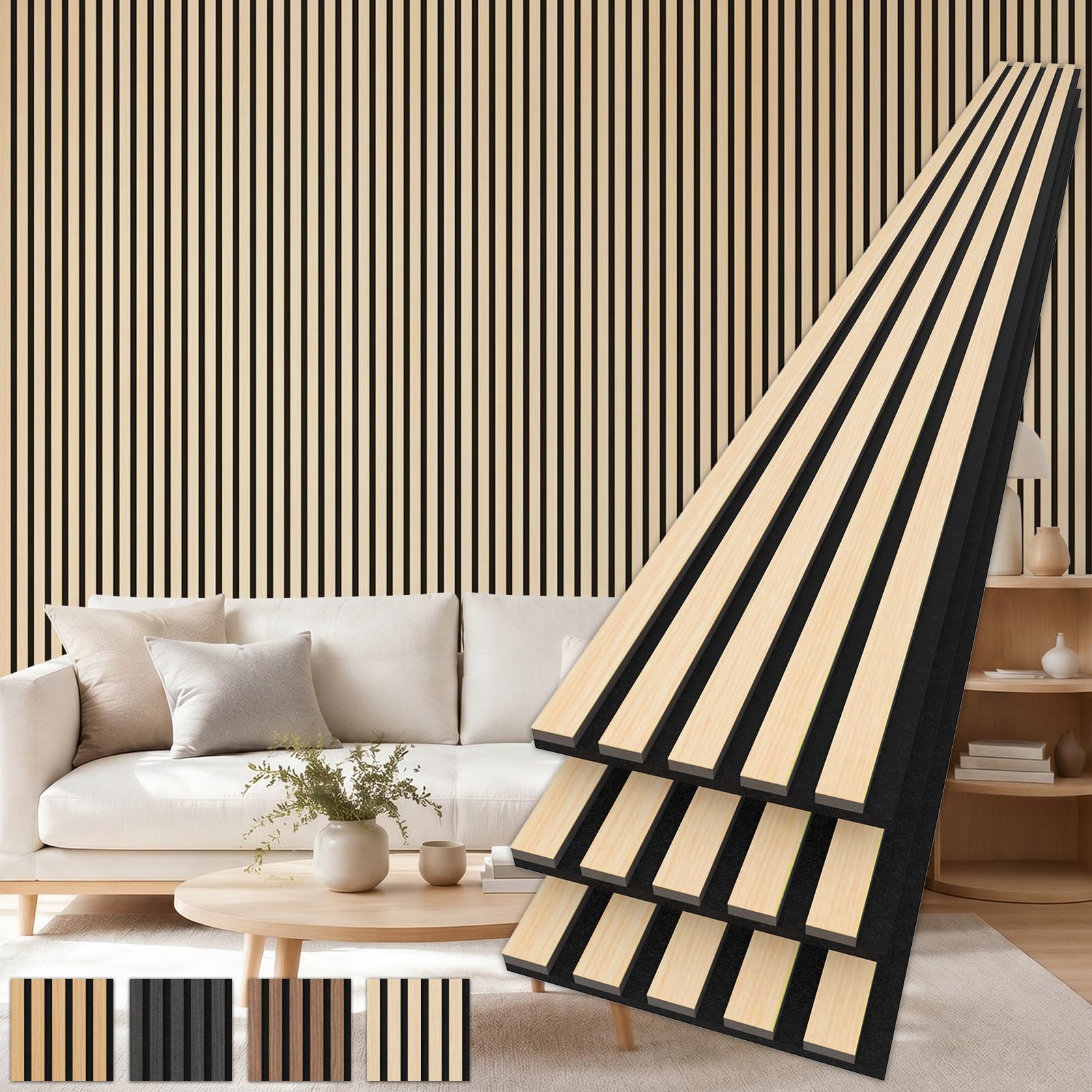 TONOR Wood Slat Panel, 3 Pack Acoustic Panels for Wall Decor, 240cm x 20cm -1.44m², Interior Wall Décor Slat Wall for Noise Cancelling, Studio, Living Room, Office, Bedroom, Light Oak