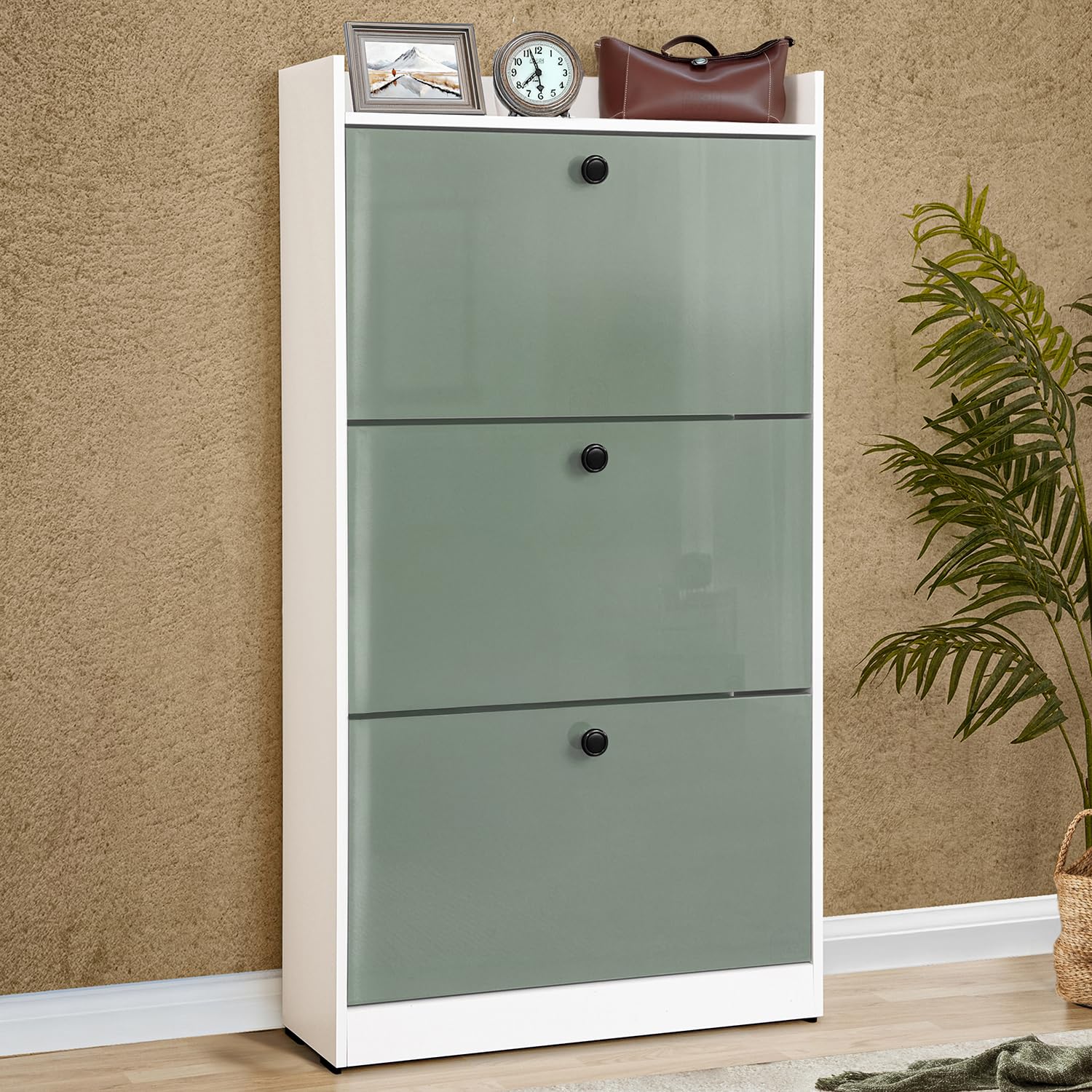 ABOUT SPACE Shoe Rack for Home - 4.5ft 3 Tier Tilt Out Door Semi-UV Gloss Laminate DIY Engineered Wood Shoe Cabinet - Anti-tip Protection Removable Adjustable Panels for 18-20 Pairs - Green & White-image-28