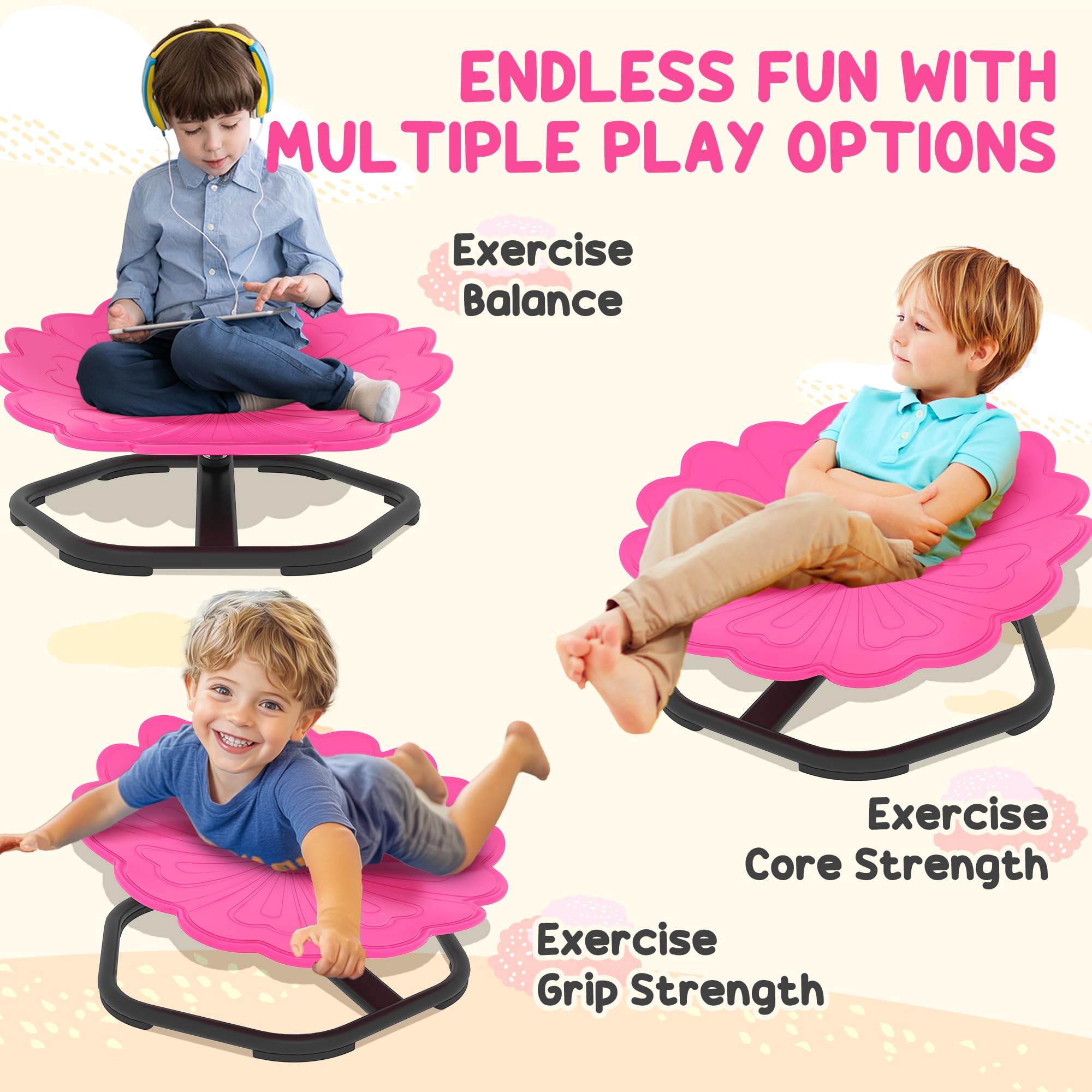 AIYAPLAY Drehstuhl für Kinder, für Autismus, Blumenform, rutschfeste Unterseite, Rosa | Sensorischer Drehstuhl für ADHS Kinder, Sit and Spin Wackelhocker, sensorisches Gleichgewicht Spielzeug für 3-8 Jahre alt