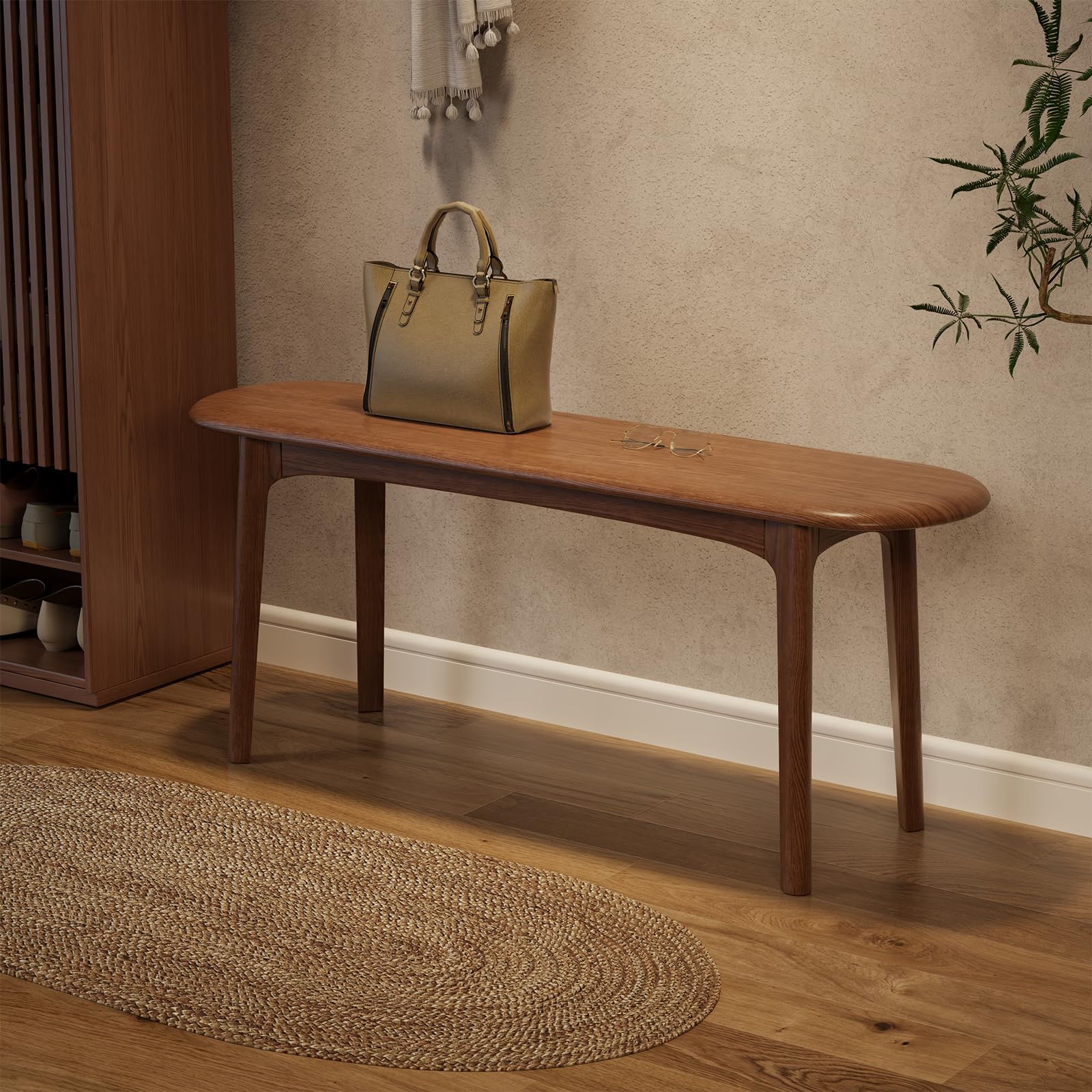 DONGMUWUEJEE 100% Solid Wood Dining Bench, Dining Table Bench for End of Bed with Rounded Corners, Entryway Benches for Outdoor, Bedroom and Plant Stand (Walnut, 39.4" D x 11.8" W x 19.7" H)