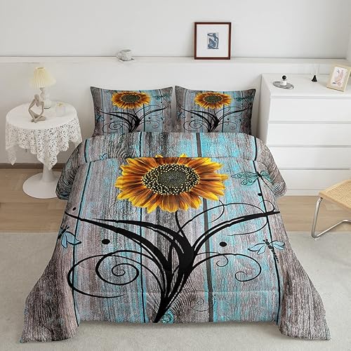 Juego de edredón de girasol amarillo, tamaño Queen, juego de ropa de cama de libélula voladora, juego de ropa de cama rústica de madera de granja