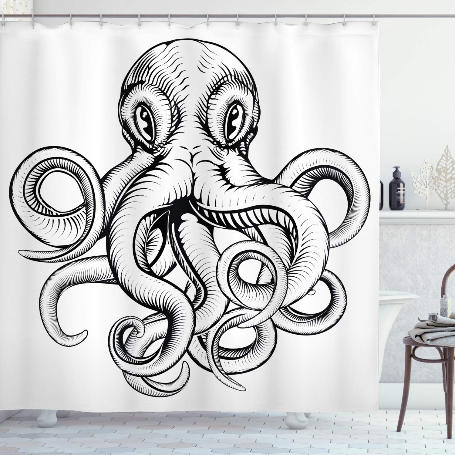 Amazon.com: Ambesonne Cortina de ducha de pulpo, ilustración de pulpo en un  estilo de madera monocromática, juego de decoración de baño de tela con  ganchos, 69 pulgadas de ancho x 70 pulgadas