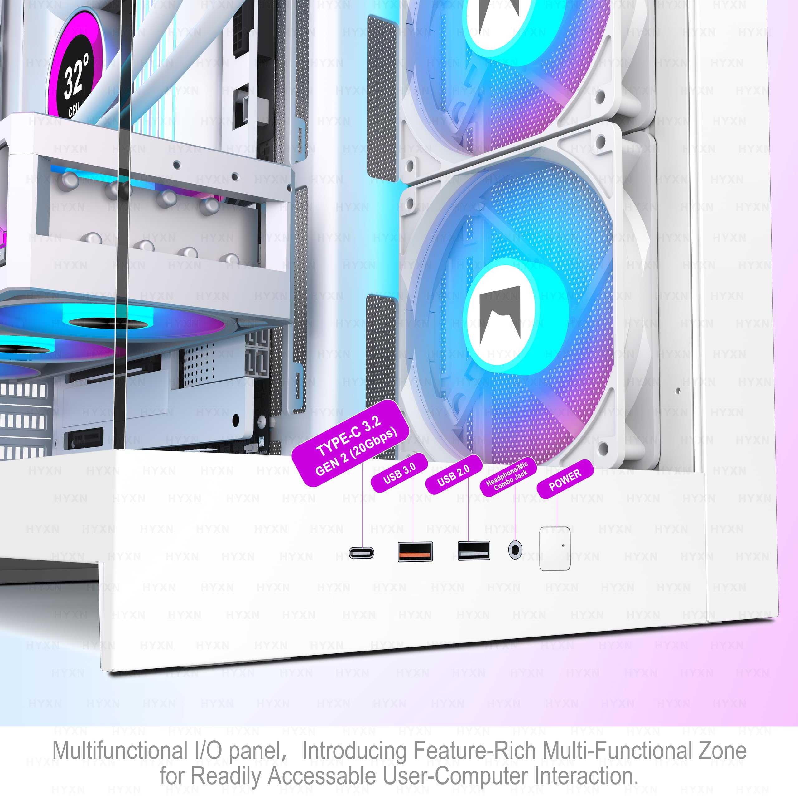 H2(2026)HYXN Boitier PC–Avec 8 Ventilateurs PWM RGB(6x140mm et 2x120mm)Grand boîtier PC ATX Mid-Tower à Double Chambre pour Flux d'air,prise en charge d'un Radiateur de 420mm,Type-C 3.2(Blanc,H2-ARGB)