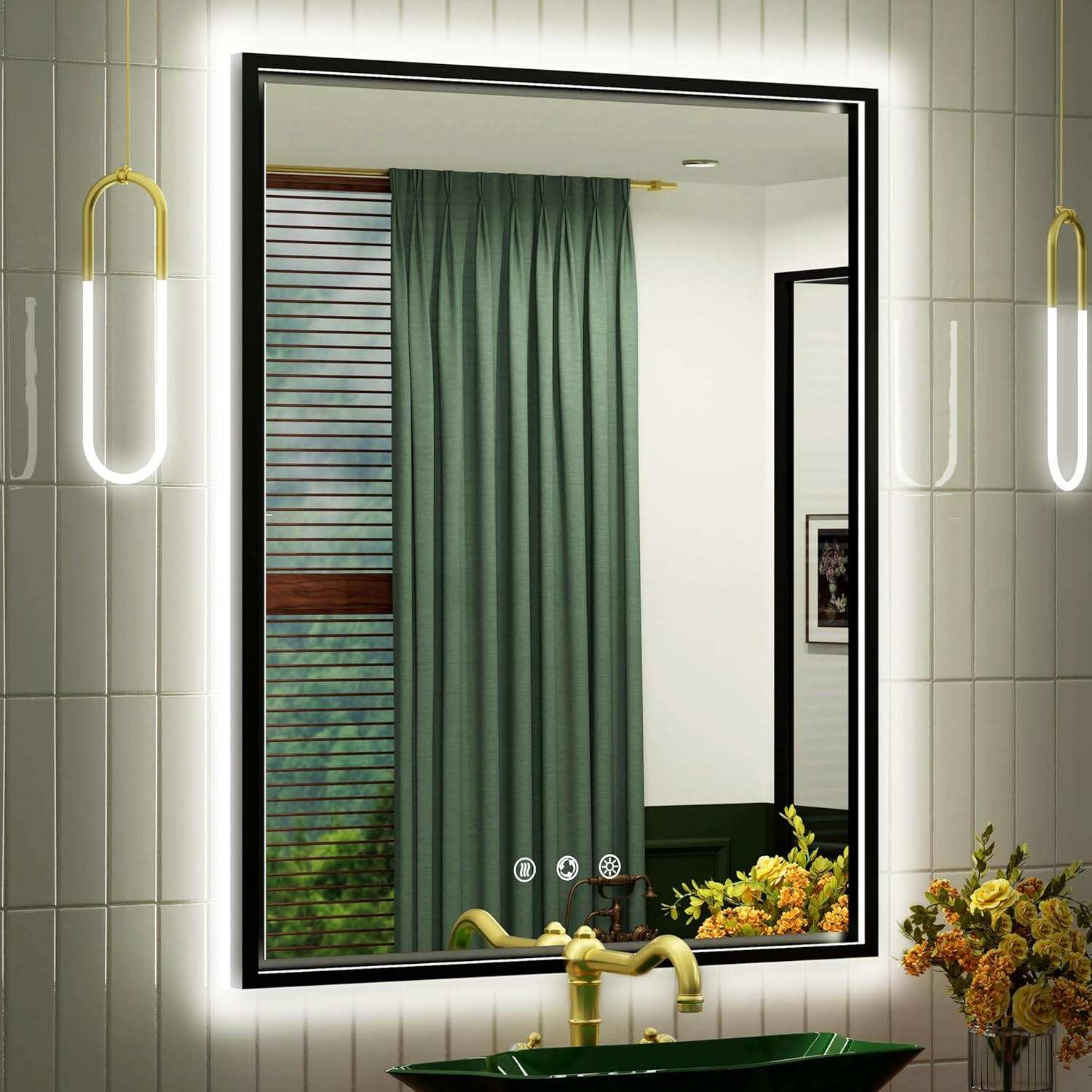 30x36 Inch Black LED Bathroom Mirror with Front and Back Lights, 3000K/4500K/6000K, Wall Mounted Framed Lighted Bathroom Vanity Mirror, Stepless Dimmable, Anti-Fog, Horizontal/Vertical Black 36"L x 30"W