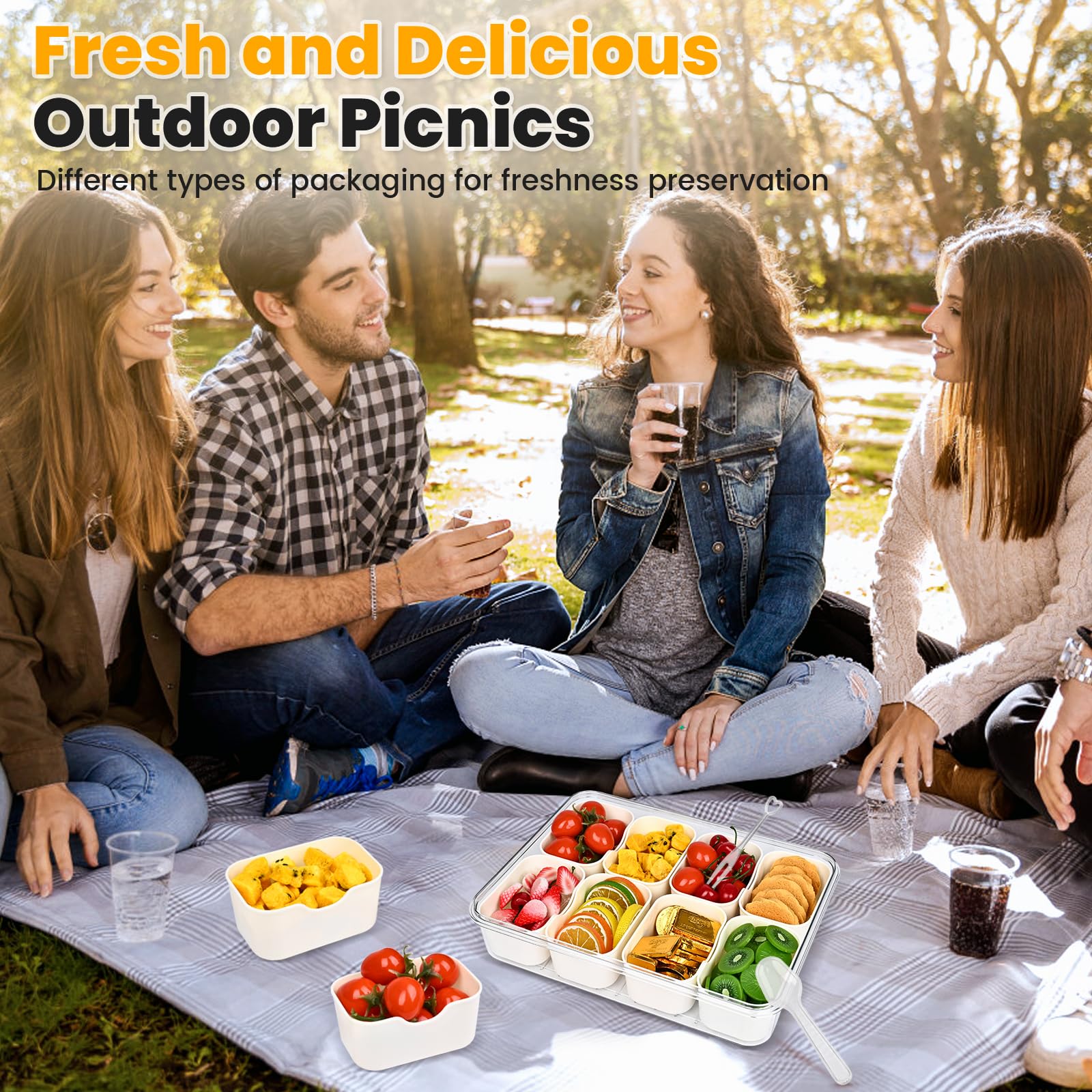 Linn'sCollection Recipiente para aperitivos con almacenamiento de cubiertos, bandeja de frutas, bandeja dividida con tapa y asa, contenedor portátil para aperitivos, contenedor de aperitivos de 8