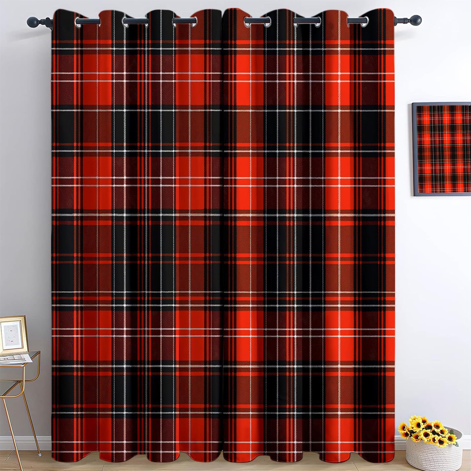 Bedroom Blackout Curtains W 66" x L 72" x 2, Red and Black Checkered Square Stripes Printed Thermal Insulated Curtains, for Kids Room Living Room Decorate, Black Red Polyester Washable Panels