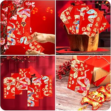 Chinese Red Envelopes 2025,Chinese New Year Red Envelope Large Lucky Money Envelopes Lunar Snake Year Envelope Red Packet Hong Bao with 6 Colorful Design for Spring Festival,12 Pack