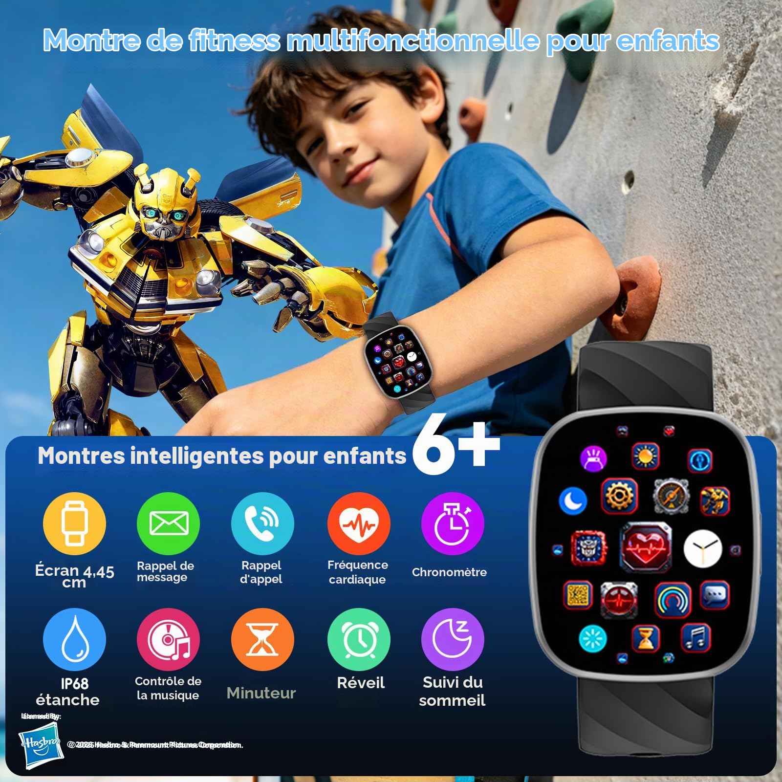 Transformers Montre Intelligente Enfant, Montre Connectée Sport avec Appel Bluetooth, Cardio/Sommeil/Podomètre, 100+ Modes Sportifs IP68 Étanche, Idée Cadeau Anniversaire Garçon Fille 6-12 Ans,Black