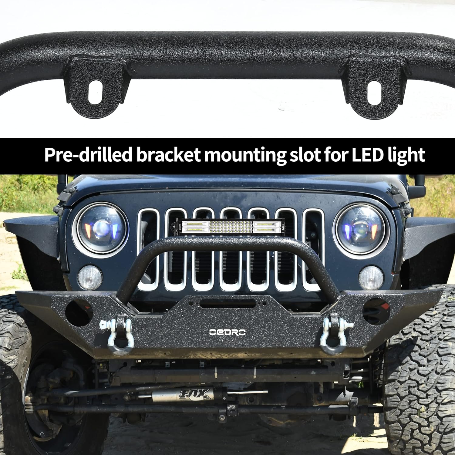 OEDRO Front and Rear Bumper Compatible for 07-18 Jeep Wrangler JK & Unlimited w/Winch Plate Mounting & D-Rings & Square LED Lights & 2" Hitch Receiver, Textured Black Off Road Star Guardian Design