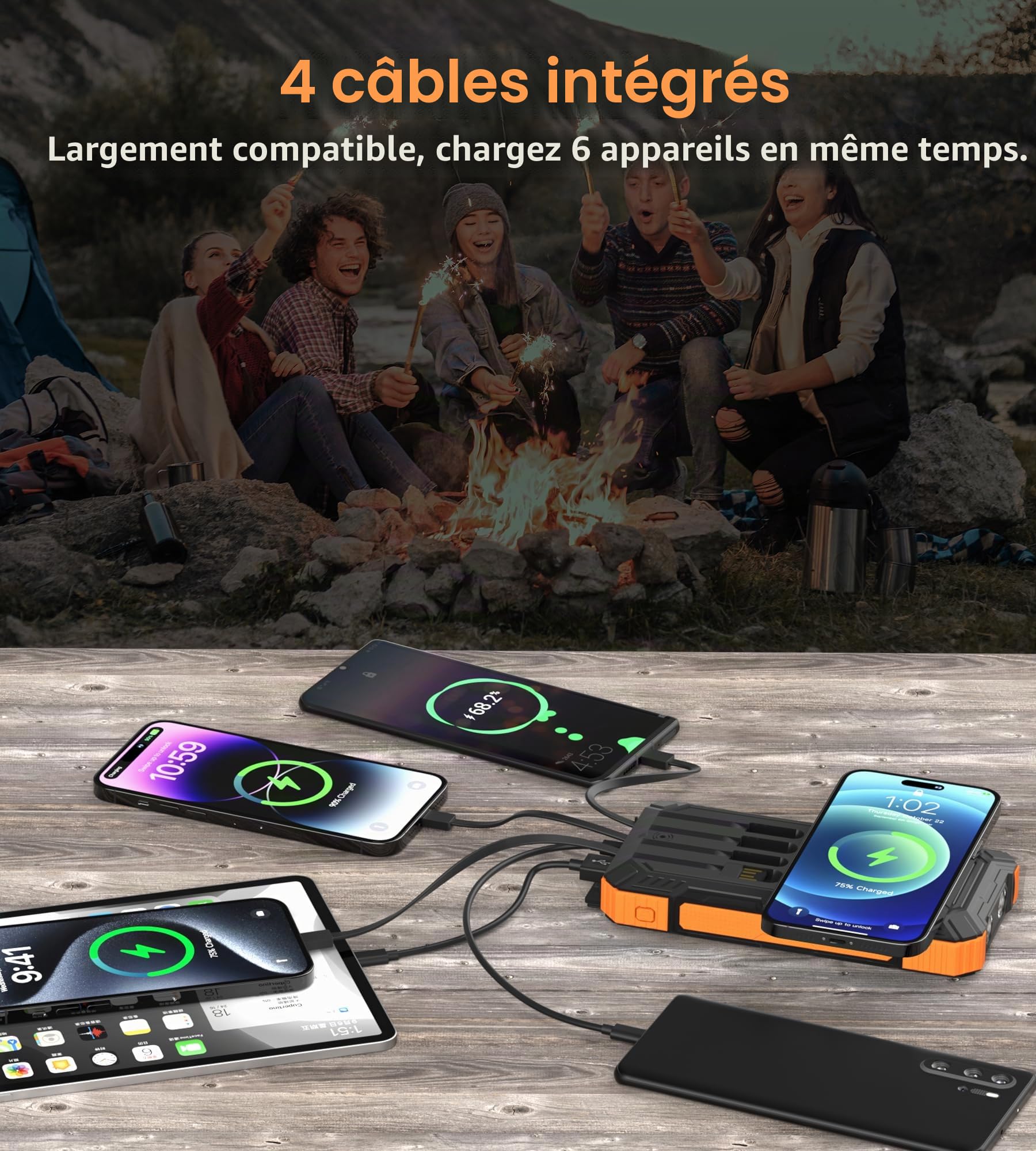 56800mAh Power Bank: Solare Wireless Power Bank 30W Ricarica Rapida, Caricatore Portatile Con 4 Cavi Integrati, 6 Uscite, Torcia, Powerbank per Campeggio, Cellulare, Tablet (Orange)