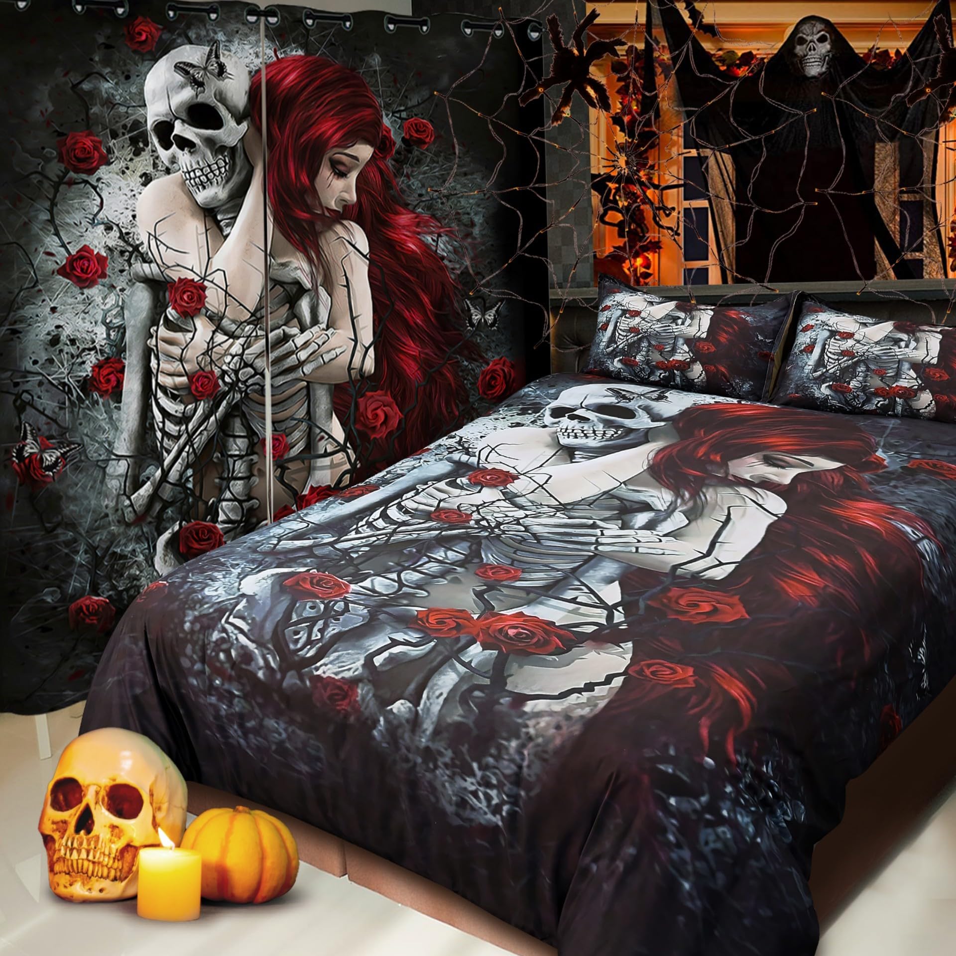ZHH E-COMMERCE Skull Duvet Cover Queen Set - Gothic Love Never Dies Comforter Cover with 2 Pillowcases, Fun Image of Vibrant Colors, Zipper Closure, Super Soft, Fashionable