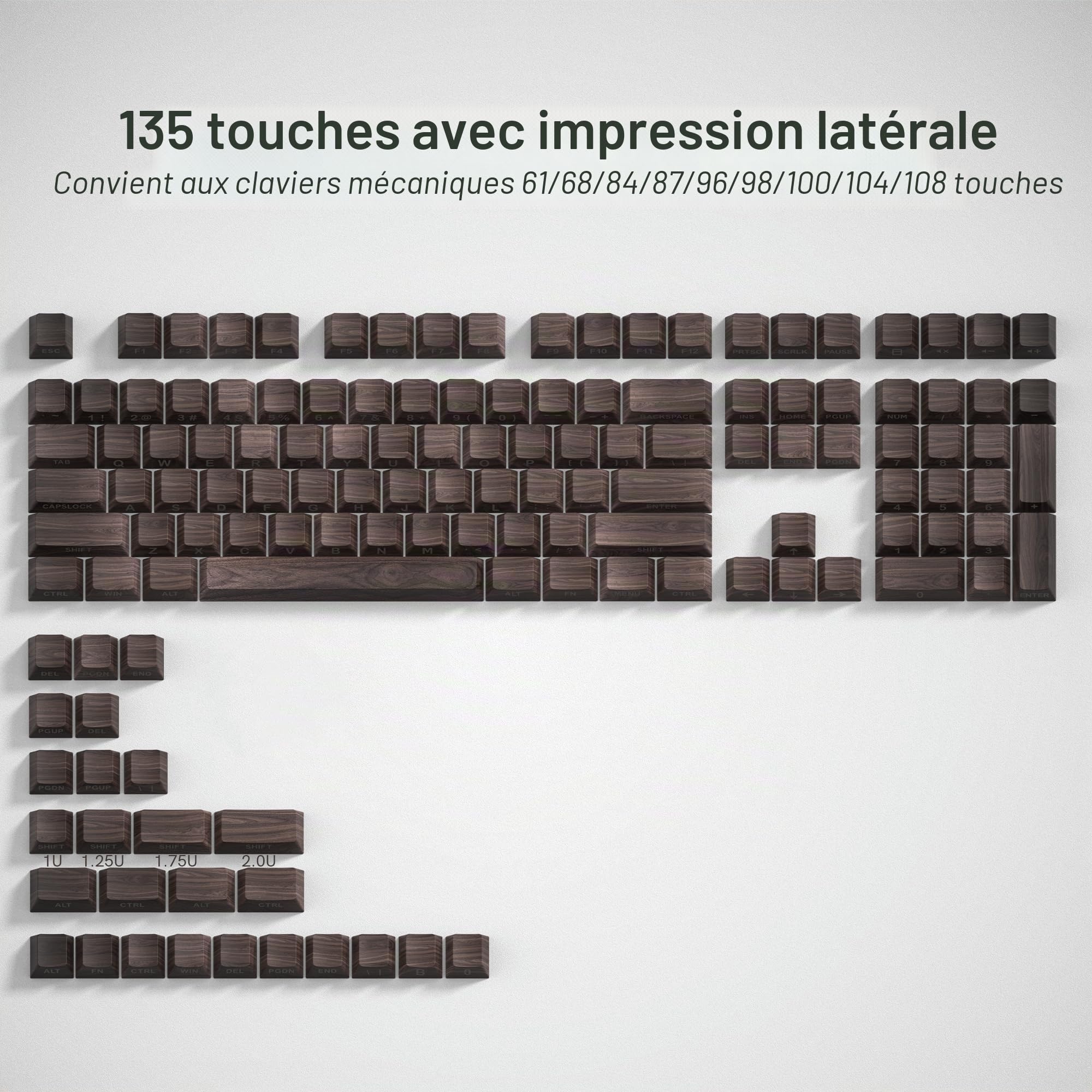 PBT Keycaps, 135 touches Cherry Profile Shine Through Custom Keycaps, impression latérale ANSI US Double Shot pour clavier mécanique, textures noyer