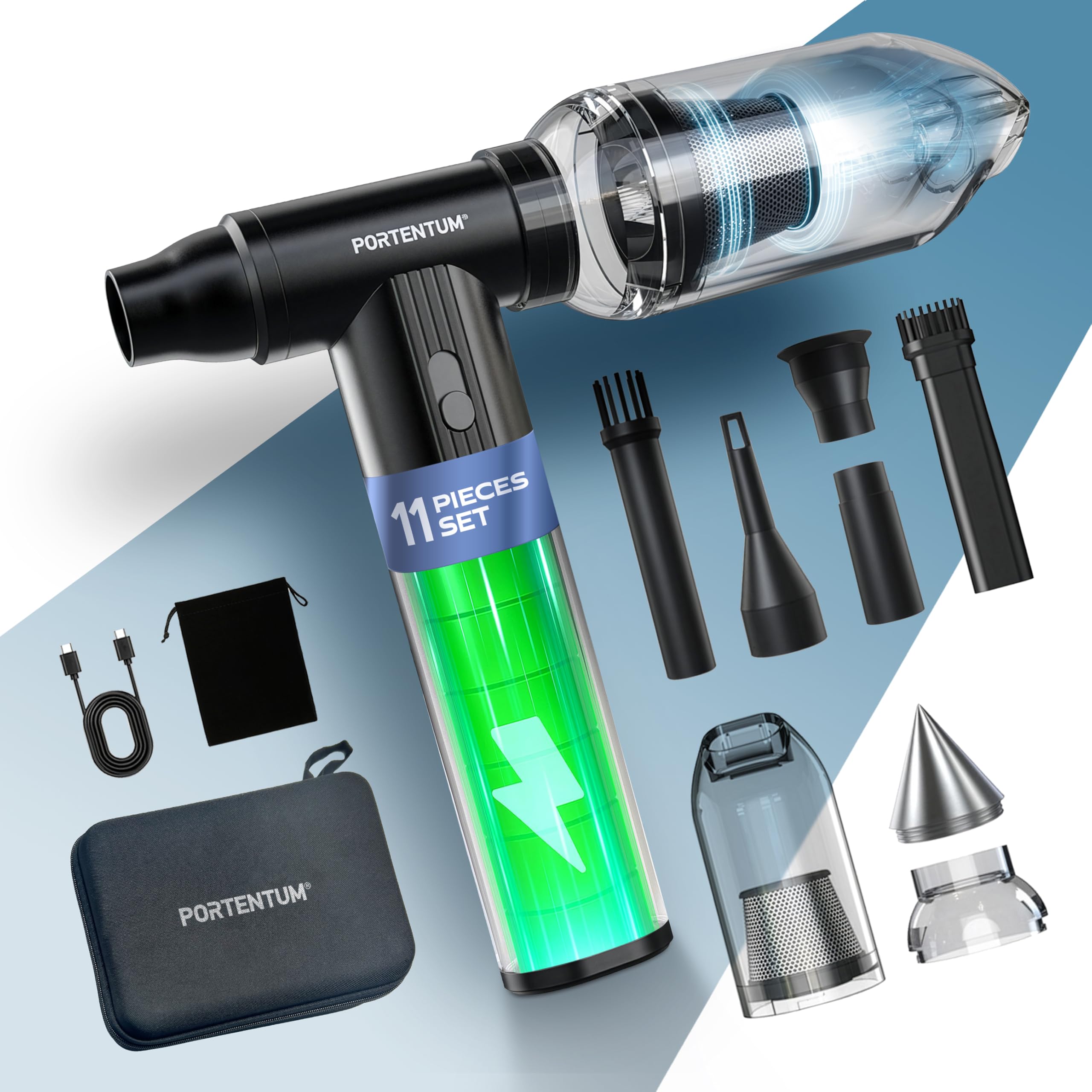 PORTENTUM 2 en 1 Mini Aspirador de Mano Potente 25 kPa – 10.000 mAh hasta 135 min USB-C – Soplador de Aire 180 km/h con Motor brushless – Aspirador Coche regulación Continua de Velocidad – Set de 11