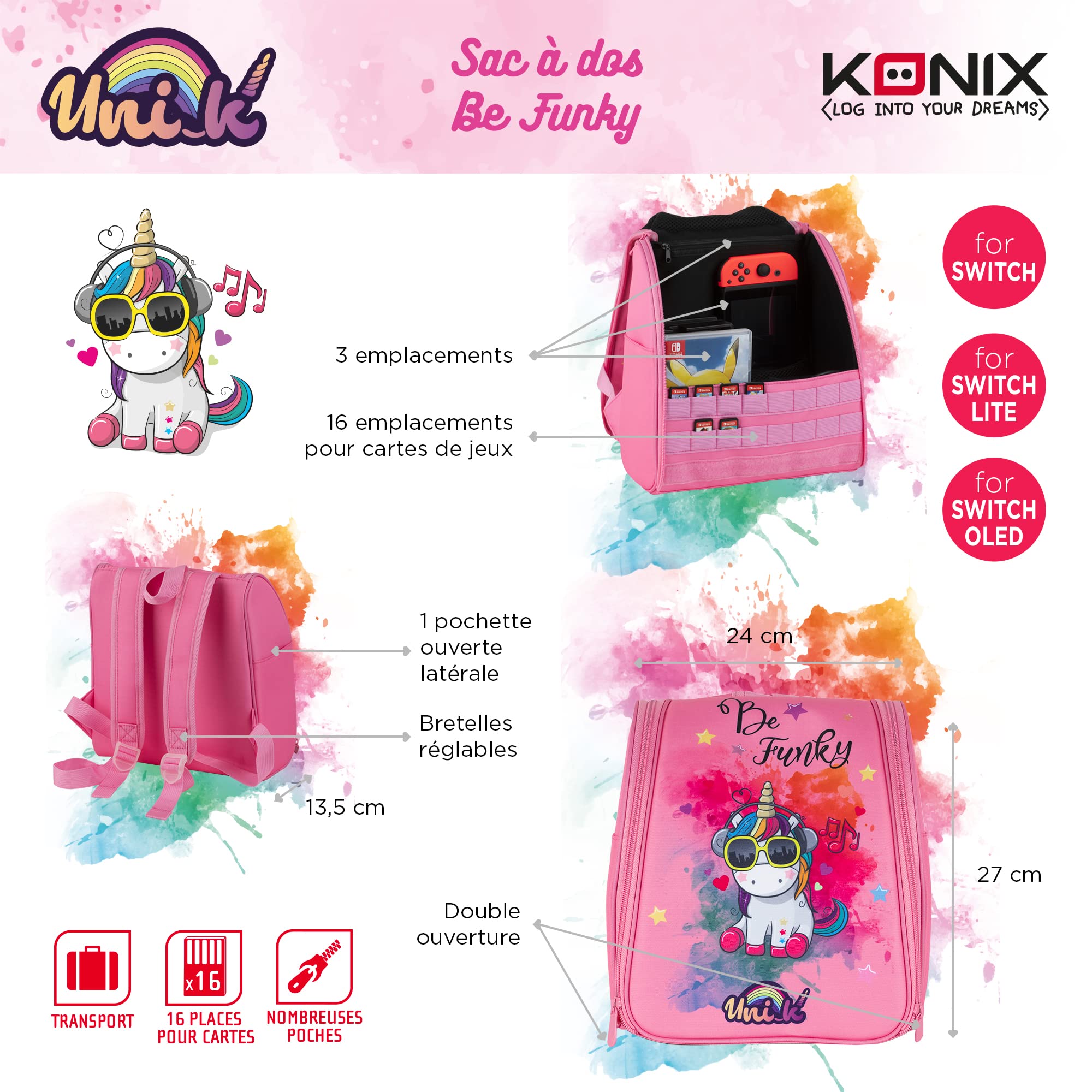 Konix Unik Sac à Dos de Protection et Transport Nintendo Switch, Switch Lite et Switch OLED - Rangement Console, Jeux et Accessoires - Motif Be Funky