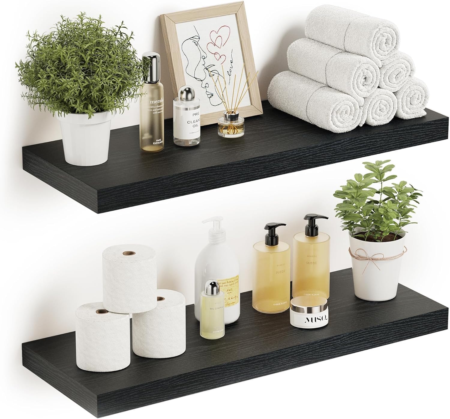 Black Floating Shelves for Wall Mounted, 24 inchs x 9.1” Deep x 1.5” Thick Wall Shelves for Bedroom, Living Room, Bathroom?Kitchen, Office, Home Decor Shelf with Invisible Bracket - Set of 2 24”-Set of 2 Black-mdf