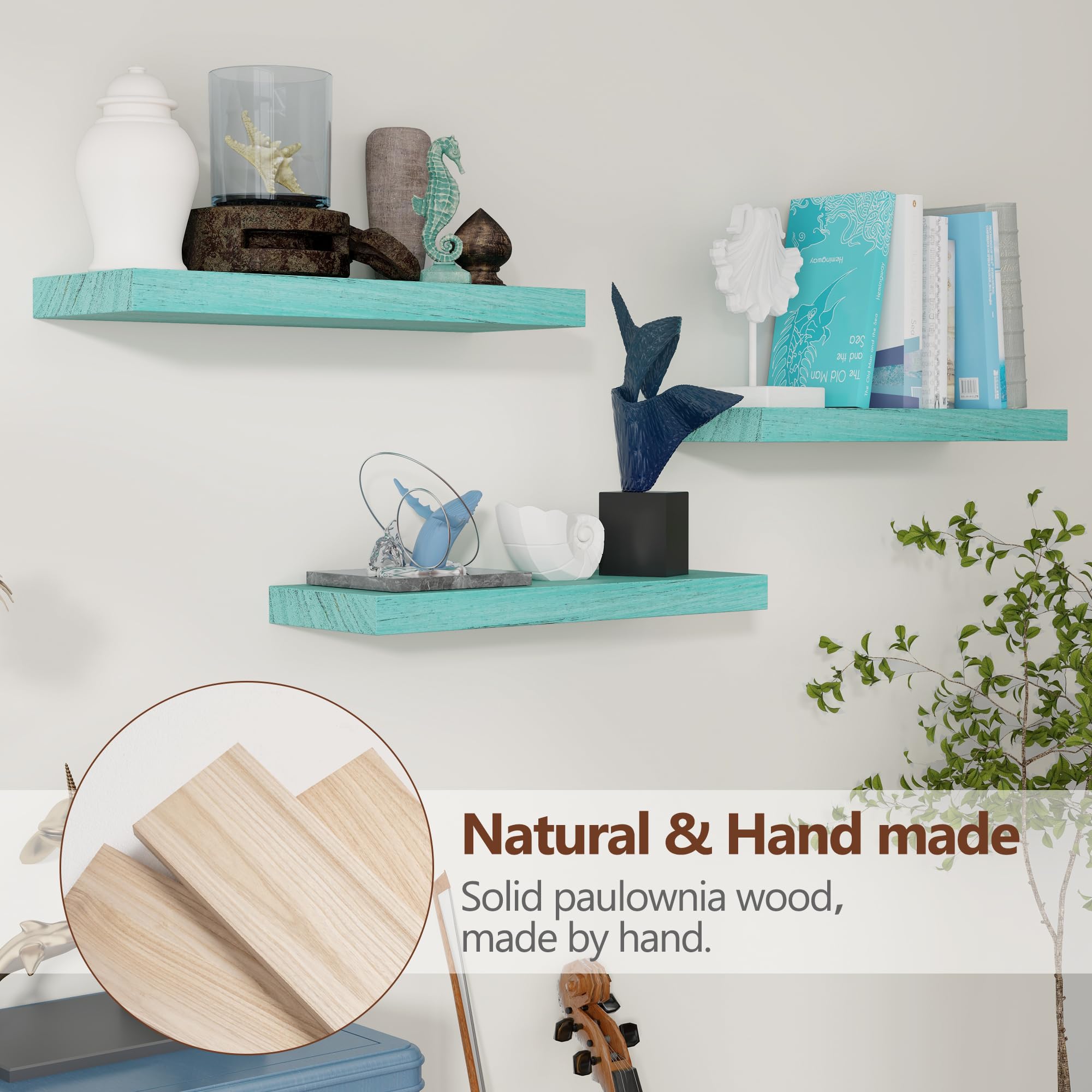 fuqing Floating Wood Shelves 17 Inch Set of 3, Rustic Turquoise Floating Shelves for Wall, Wooden Wall Mounted Shelves for Wall Decor & Storage