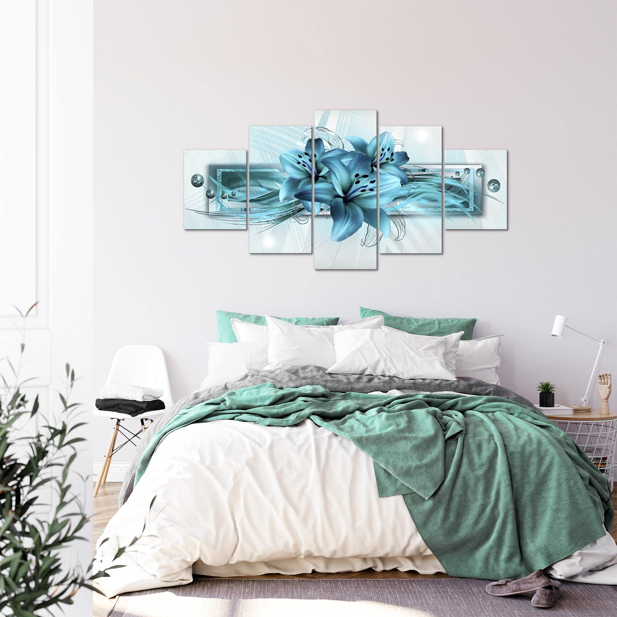 Runa Art - Tableau Lis Fleurs 200 x 100 cm 5 Parties XXL Decoration Murale Dessin Turquoise 008751a