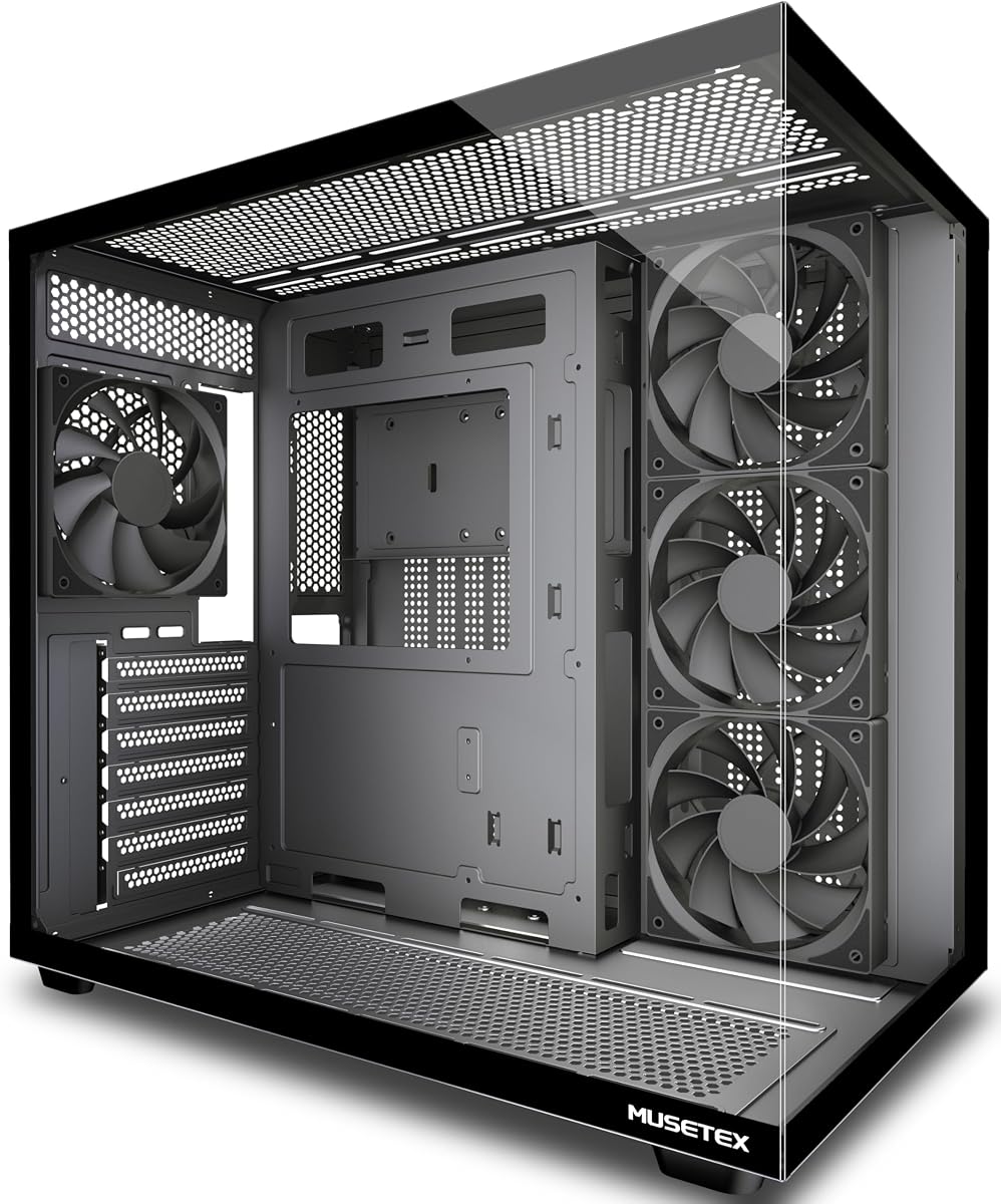 MUSETEX Y6 PC Case, Pre-Installed 4 Non-LED Fans, ATX Mid Tower Case, Computer Case with Type-C, 270° Full View Tempered Glass, Black