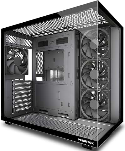 MUSETEX Y6 Boîtier PC, 4 Ventilateurs Non-LED préinstallés, Vue 270° en Verre Trempé, Connectique Type-C, Boîtier PC ATX Mid-Tower, Noir